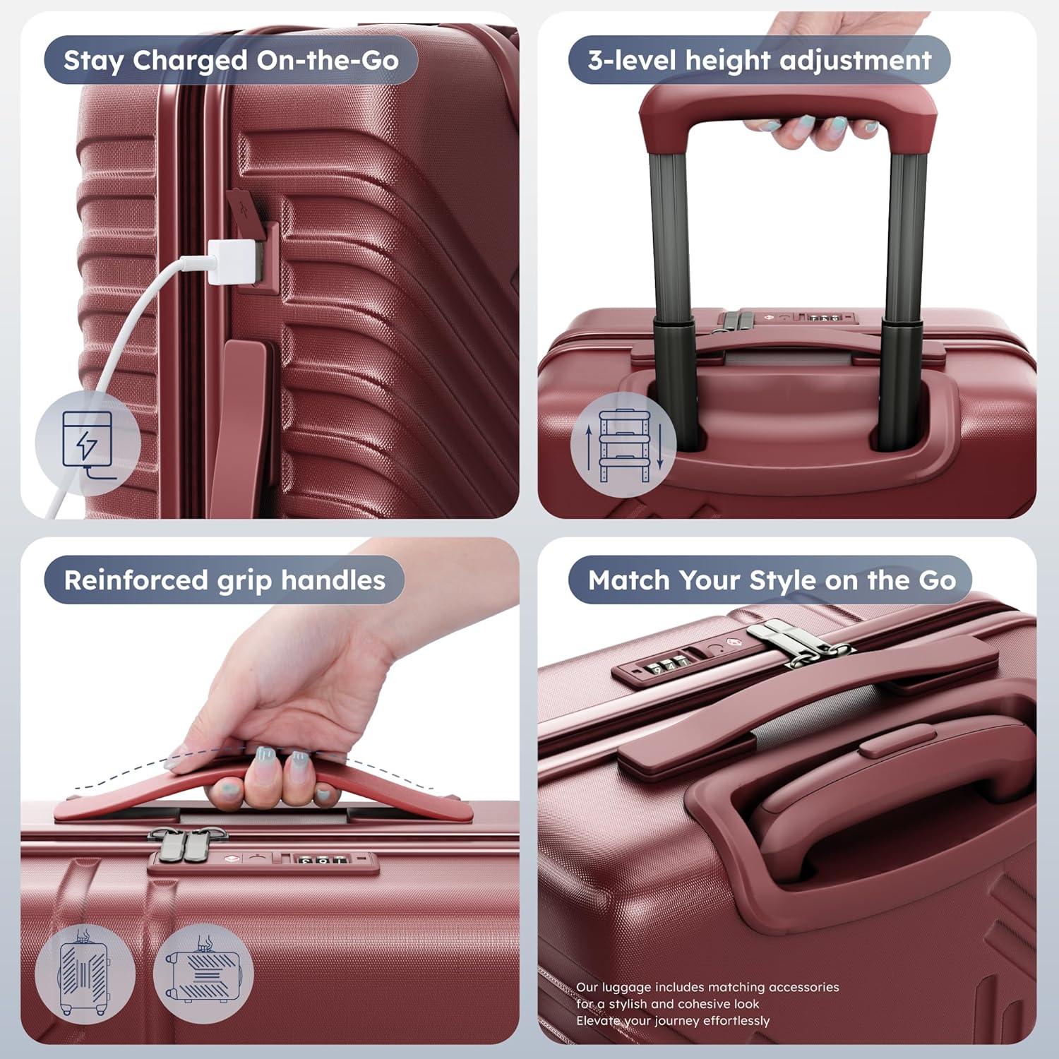 image:image20inch Carry On Luggage Airline Approved PCABS Lightweight Suitcase with Builtin TSA LockHardshell Durable Rolling Luggage with USB PortRuby
