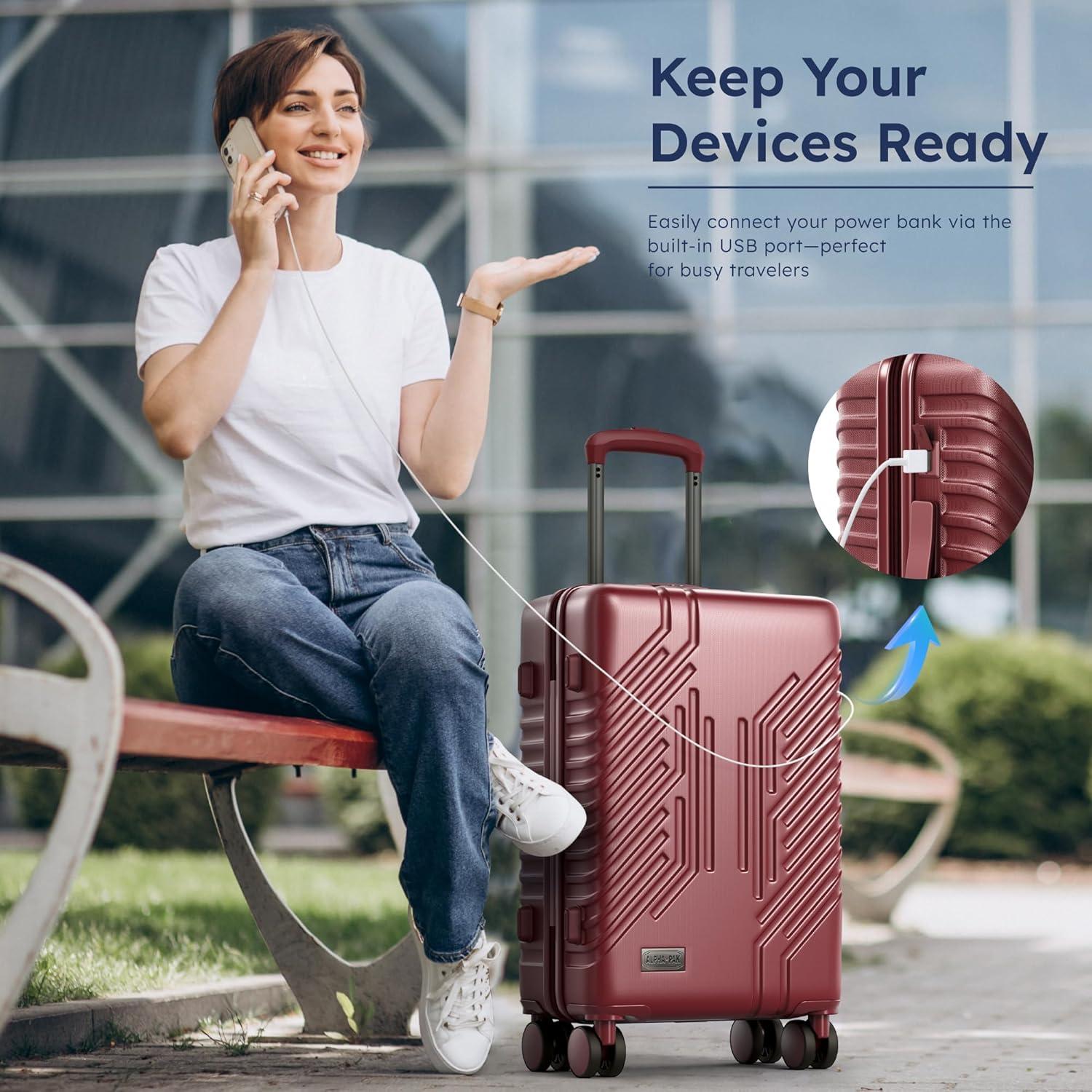 image:image20inch Carry On Luggage Airline Approved PCABS Lightweight Suitcase with Builtin TSA LockHardshell Durable Rolling Luggage with USB PortRuby