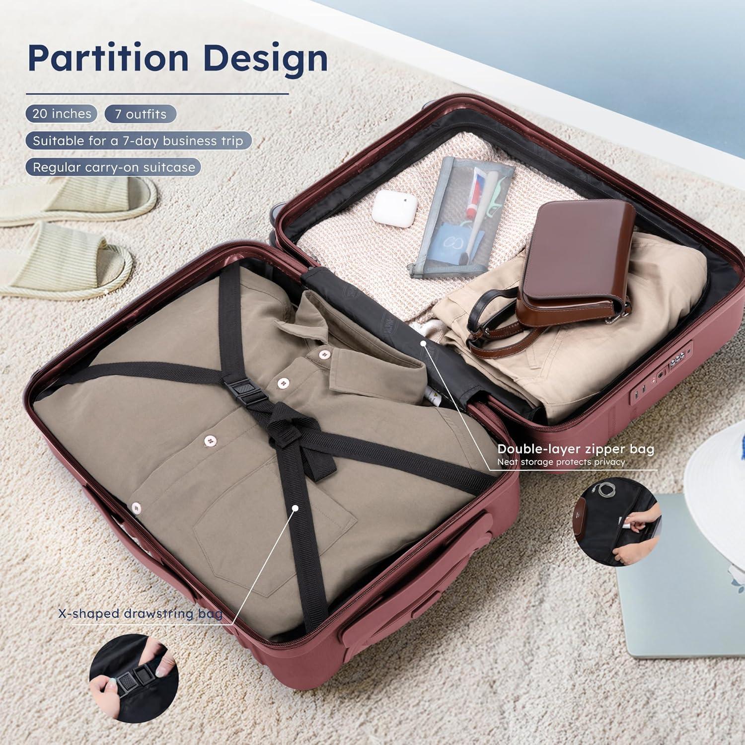image:image20inch Carry On Luggage Airline Approved PCABS Lightweight Suitcase with Builtin TSA LockHardshell Durable Rolling Luggage with USB PortRuby