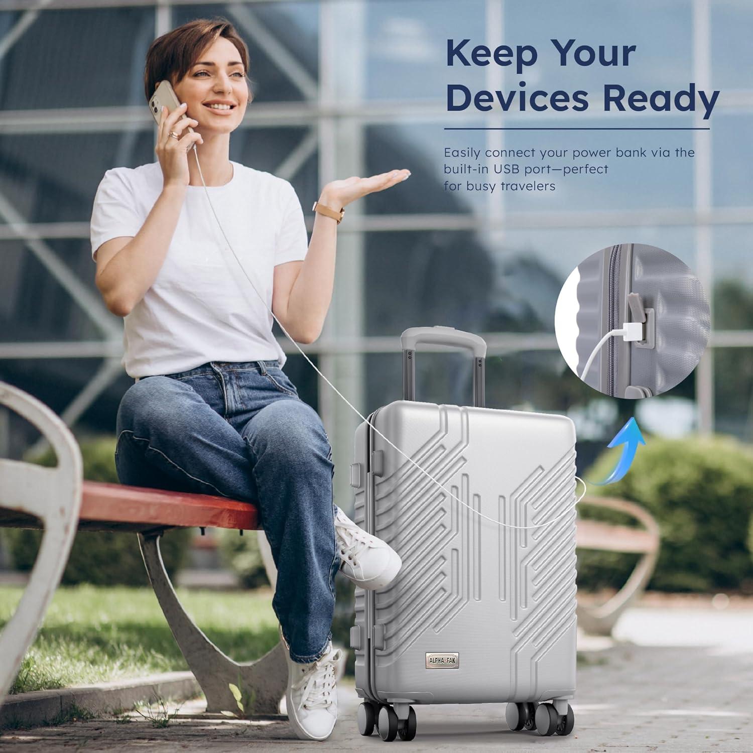 image:image20inch Carry On Luggage Airline Approved PCABS Lightweight Suitcase with Builtin TSA LockHardshell Durable Rolling Luggage with USB PortSilver
