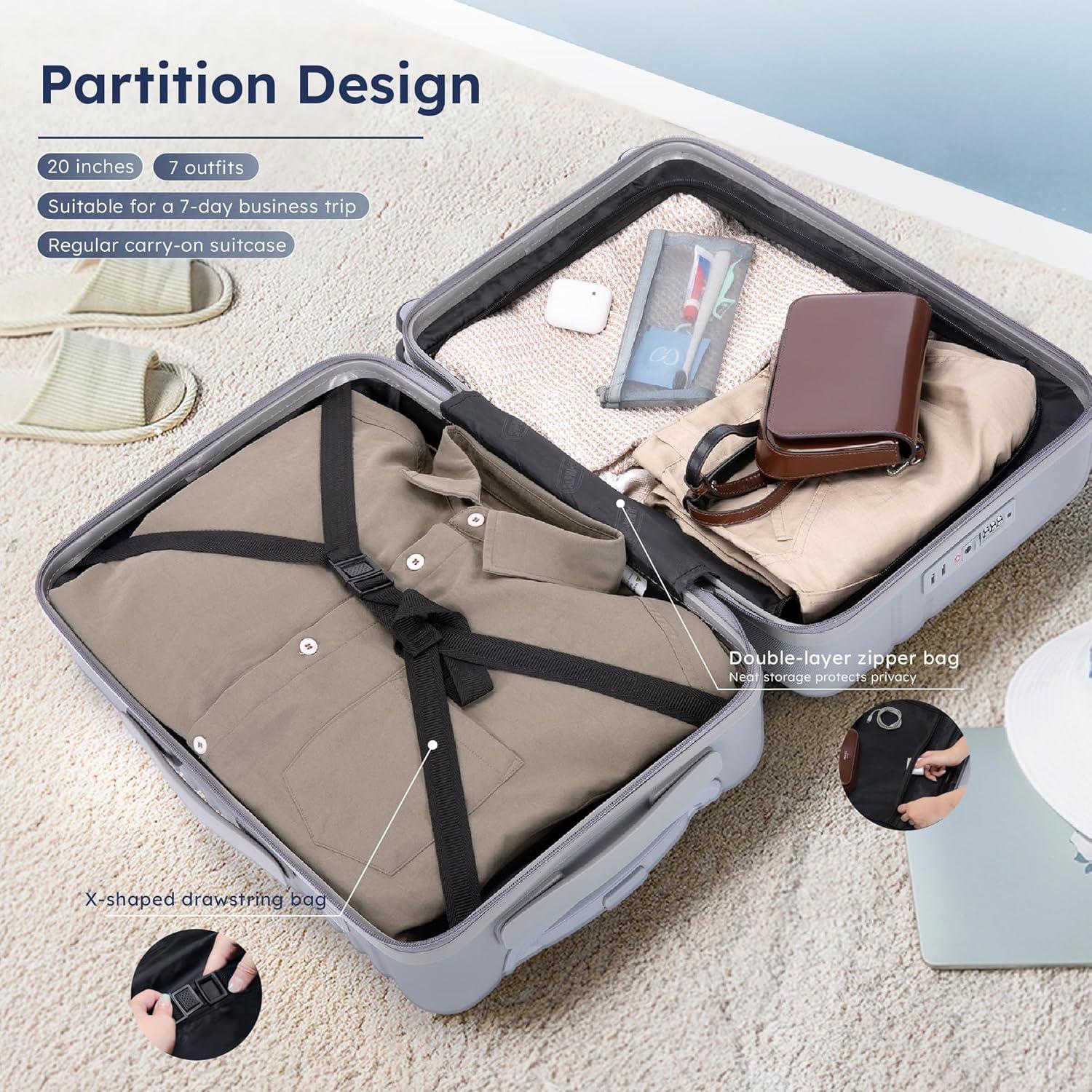image:image20inch Carry On Luggage Airline Approved PCABS Lightweight Suitcase with Builtin TSA LockHardshell Durable Rolling Luggage with USB PortSilver