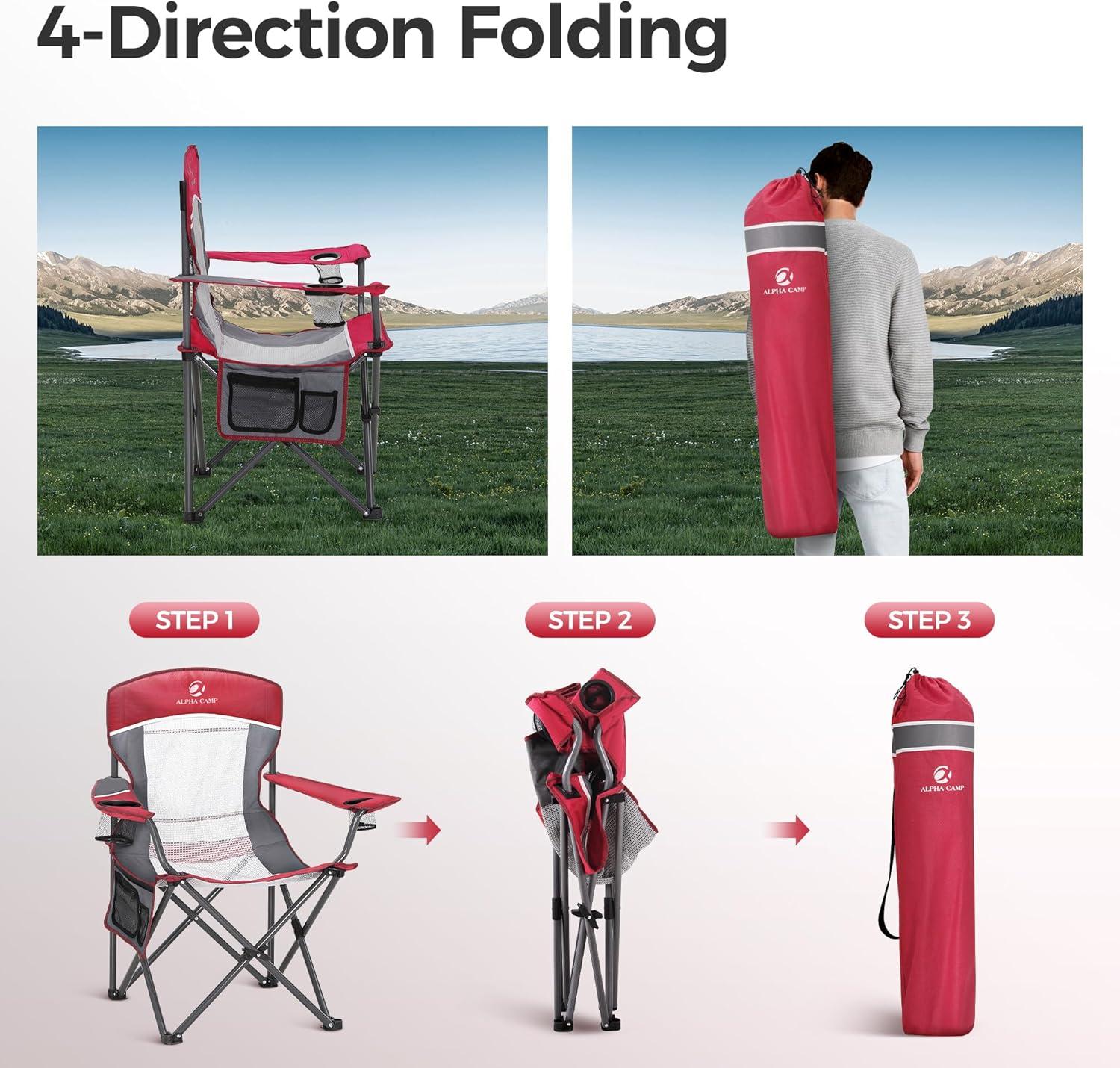 image:imageALPHA CAMP 2PC Oversized Mesh Back Camping Folding Chair Heavy Duty Support 350 LBS Collapsible Steel Frame Quad Chair Padded Arm Chair with Cup Holder Portable for Outdoor Black2PCRed