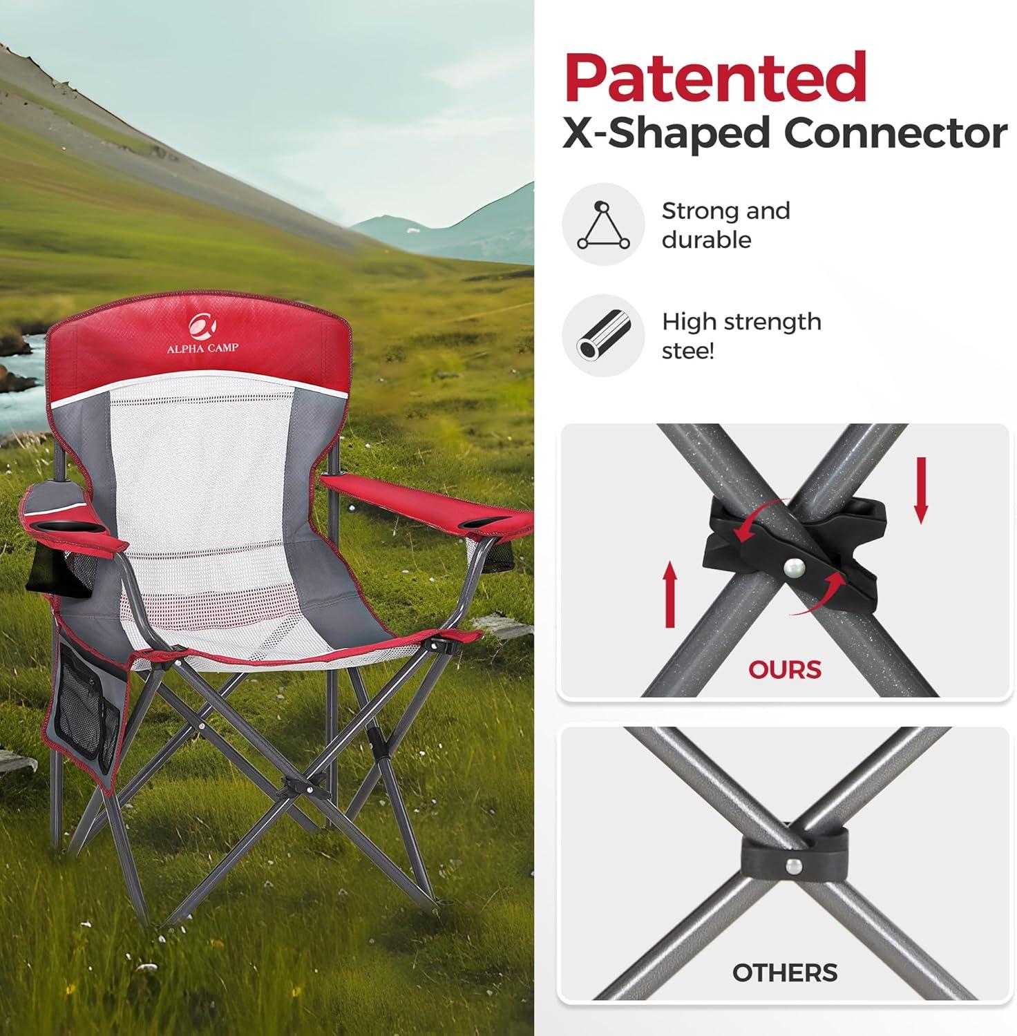 image:imageALPHA CAMP 2PC Oversized Mesh Back Camping Folding Chair Heavy Duty Support 350 LBS Collapsible Steel Frame Quad Chair Padded Arm Chair with Cup Holder Portable for Outdoor Black2PCRed