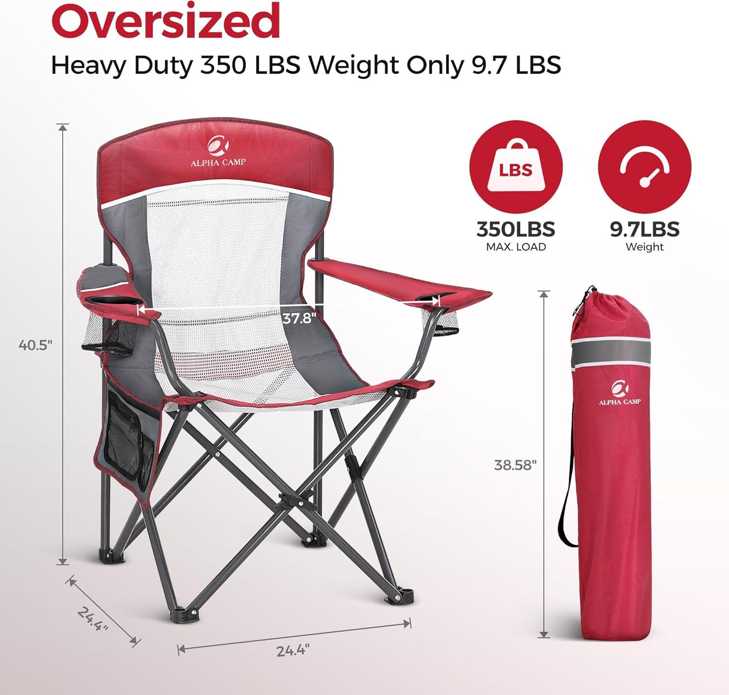 image:imageALPHA CAMP 2PC Oversized Mesh Back Camping Folding Chair Heavy Duty Support 350 LBS Collapsible Steel Frame Quad Chair Padded Arm Chair with Cup Holder Portable for Outdoor Black2PCRed