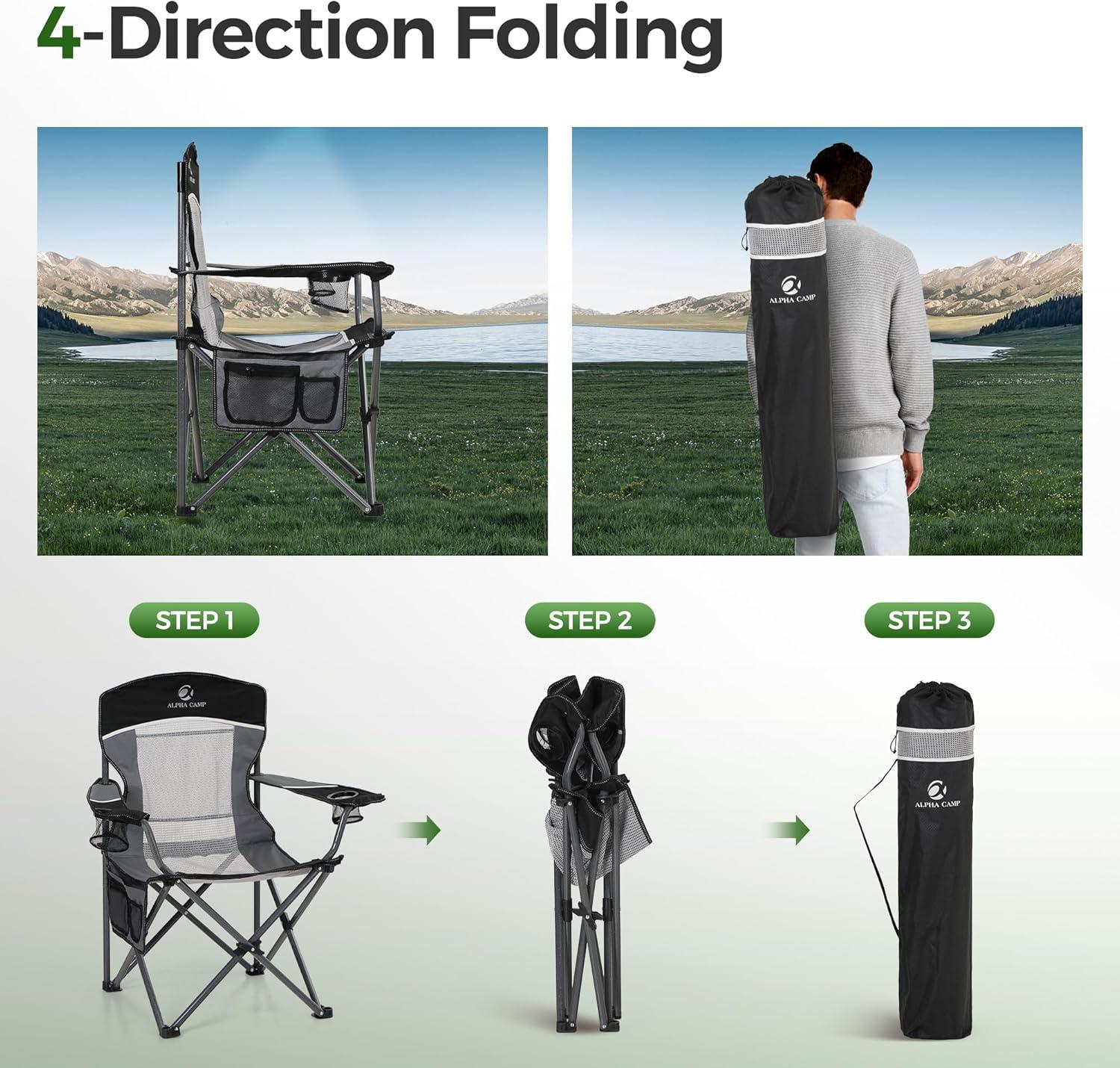 image:imageALPHA CAMP 2PC Oversized Mesh Back Camping Folding Chair Heavy Duty Support 350 LBS Collapsible Steel Frame Quad Chair Padded Arm Chair with Cup Holder Portable for Outdoor Black2PCBlack