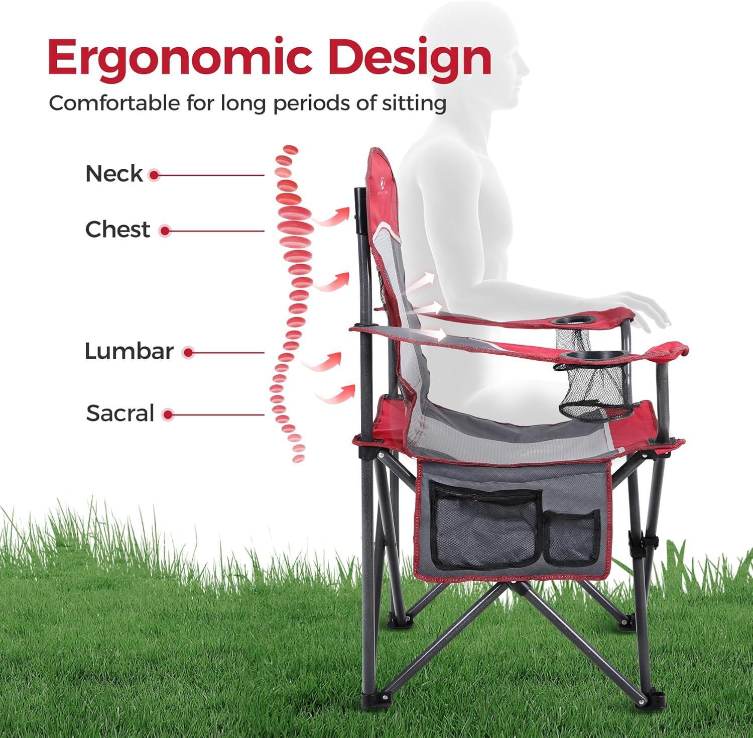 image:imageALPHA CAMP 2PC Oversized Mesh Back Camping Folding Chair Heavy Duty Support 350 LBS Collapsible Steel Frame Quad Chair Padded Arm Chair with Cup Holder Portable for Outdoor Black2PCRed