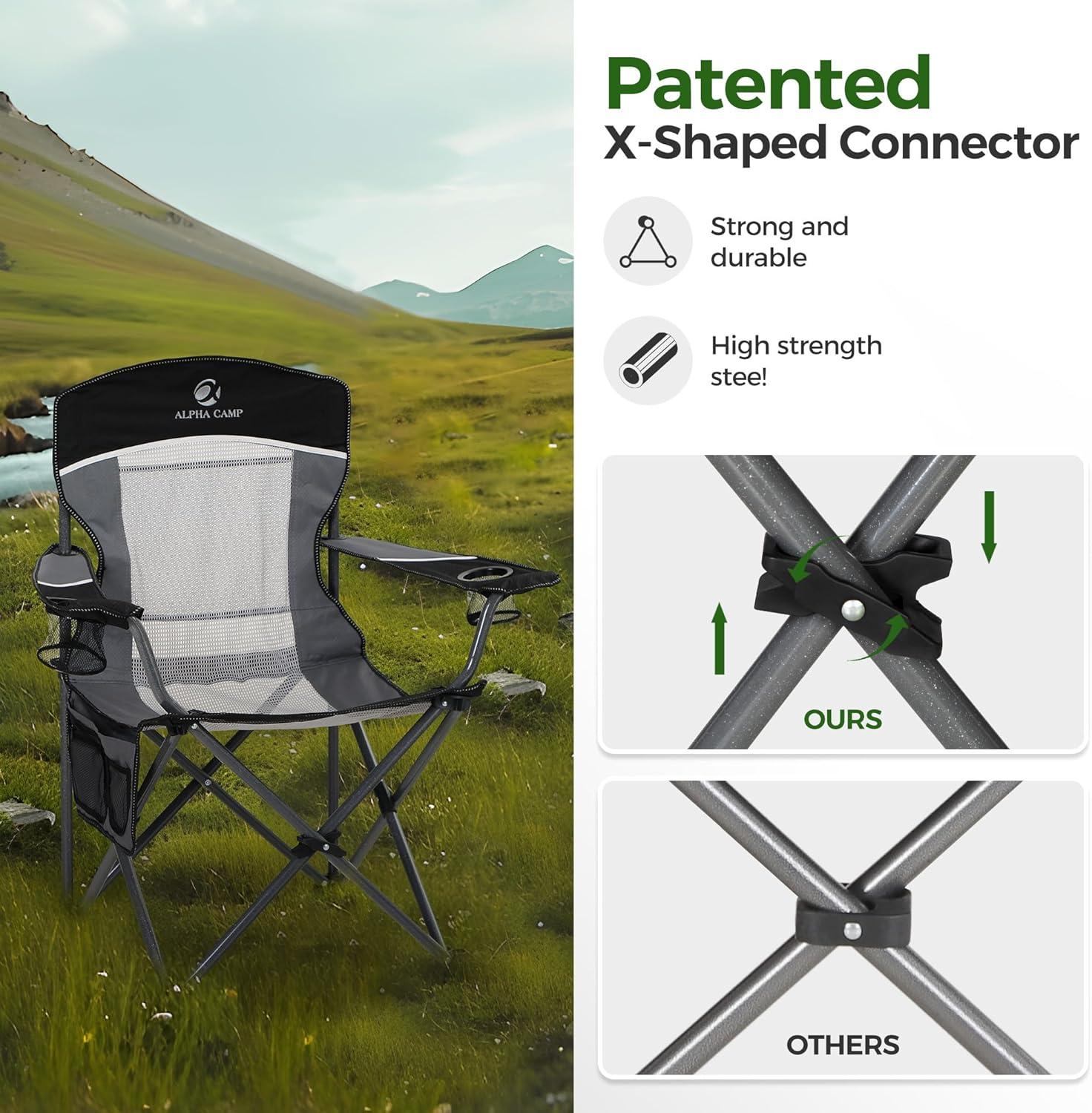 image:imageALPHA CAMP 2PC Oversized Mesh Back Camping Folding Chair Heavy Duty Support 350 LBS Collapsible Steel Frame Quad Chair Padded Arm Chair with Cup Holder Portable for Outdoor Black2PCBlack