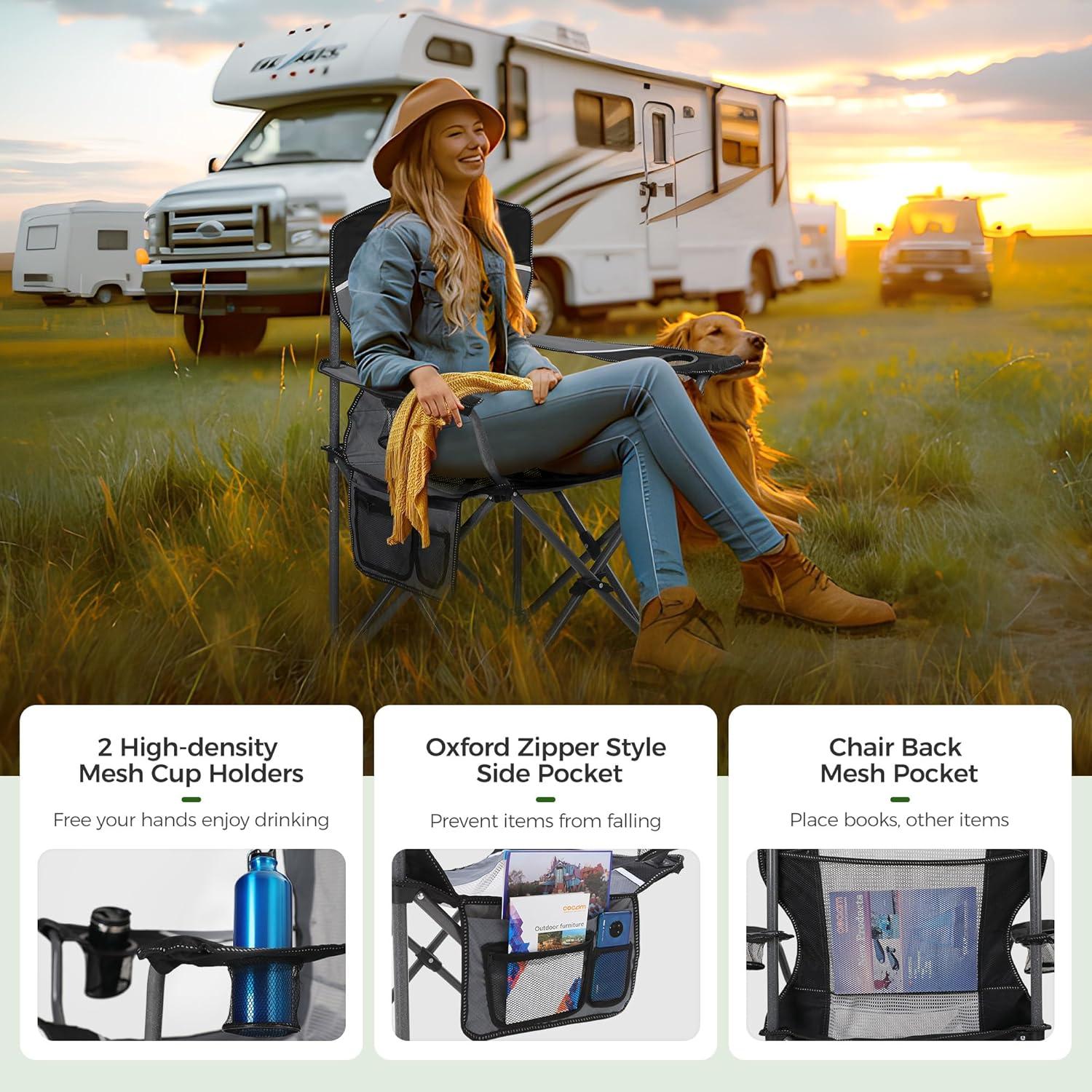 image:imageALPHA CAMP 2PC Oversized Mesh Back Camping Folding Chair Heavy Duty Support 350 LBS Collapsible Steel Frame Quad Chair Padded Arm Chair with Cup Holder Portable for Outdoor Black2PCBlack