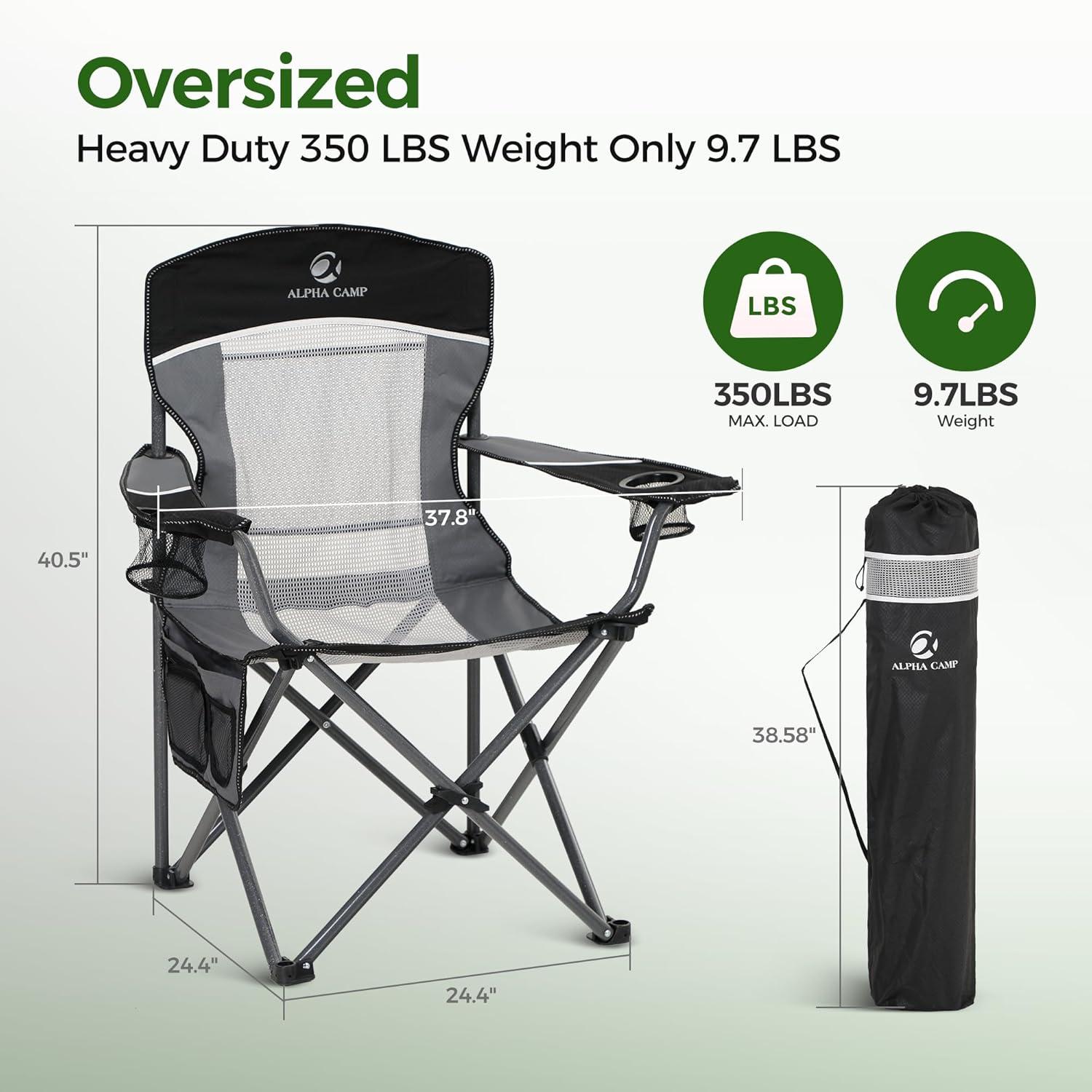 image:imageALPHA CAMP 2PC Oversized Mesh Back Camping Folding Chair Heavy Duty Support 350 LBS Collapsible Steel Frame Quad Chair Padded Arm Chair with Cup Holder Portable for Outdoor Black2PCBlack2pc