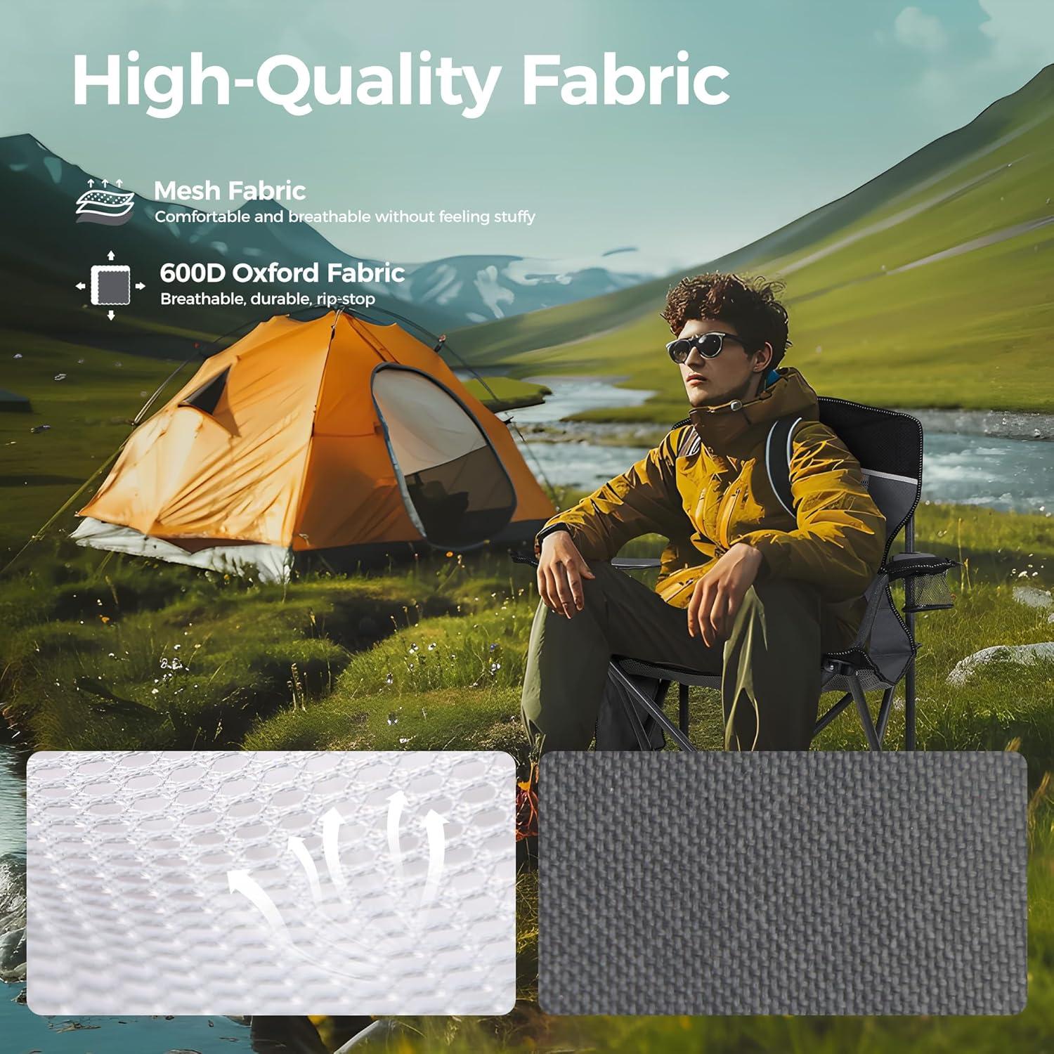 image:imageALPHA CAMP 2PC Oversized Mesh Back Camping Folding Chair Heavy Duty Support 350 LBS Collapsible Steel Frame Quad Chair Padded Arm Chair with Cup Holder Portable for Outdoor Black2PCBlack
