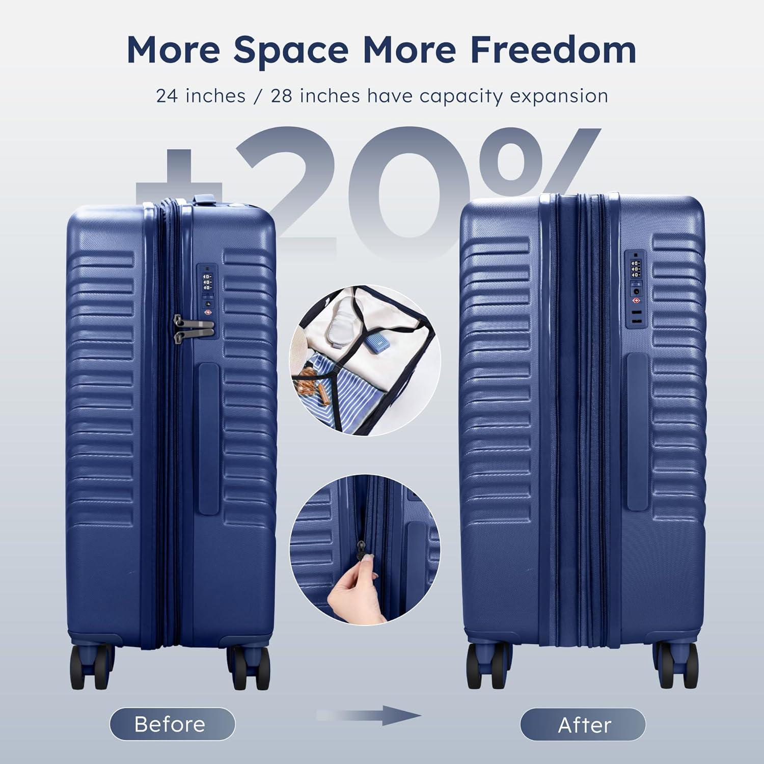 image:imageALPHA CAMP 3 Piece Expandable Luggage Set PCABS Durable Hard Shell Suitcase with Spinner Wheels amp TSA Lock20inch 24inch 28inch Luggage for BusinessTravelNavyNavy