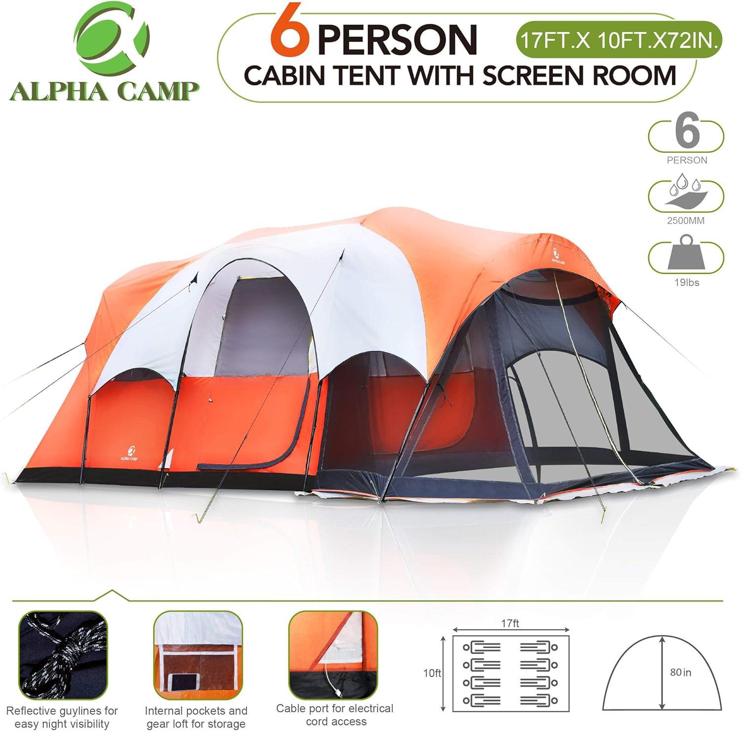 image:imageALPHA CAMP 6 Person Family Tent with Screen Room Cabin Tent Design 17 x 9