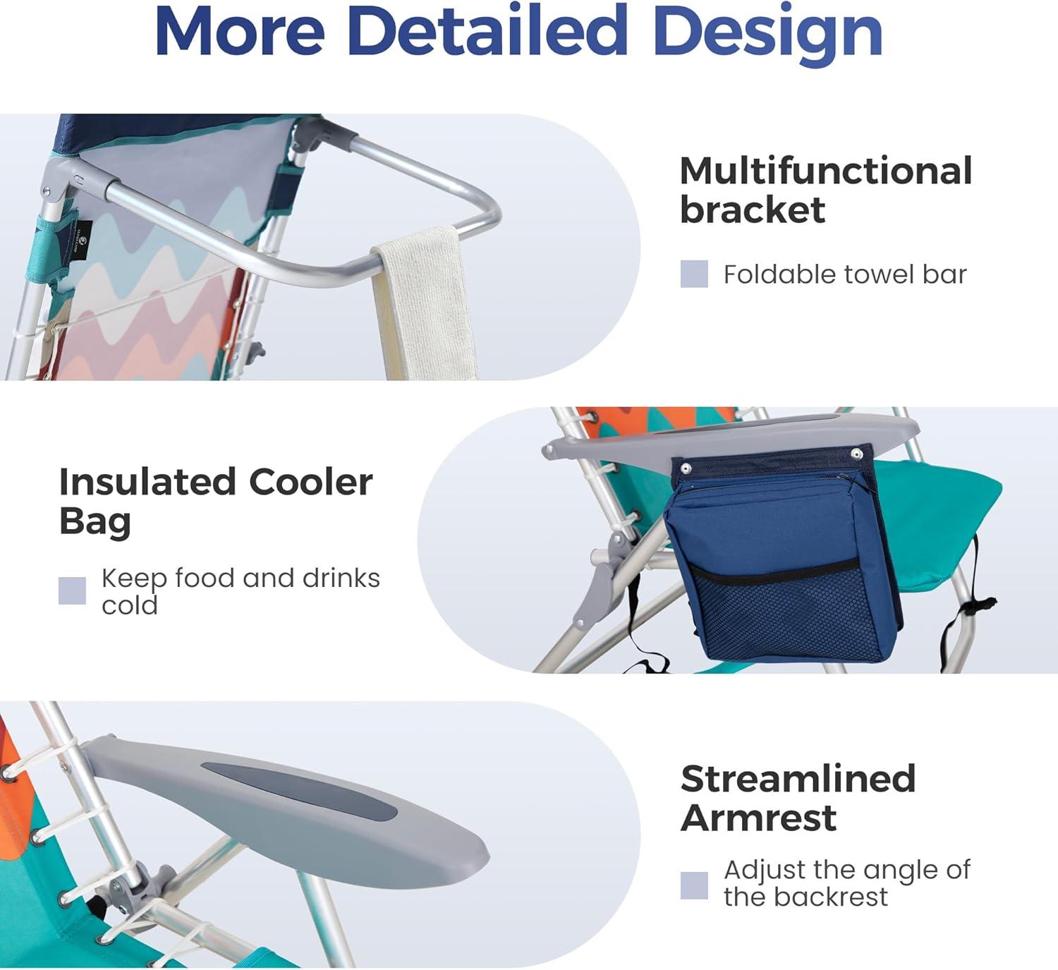 image:imageALPHA CAMP Backpack Beach Chairs Set of 2 with Cooler Bag 4 Position Classic Lay Flat Folding Beach Chair with Backpack Straps Support 250LBS Blue Oxford Fabric Aluminum FrameBlue