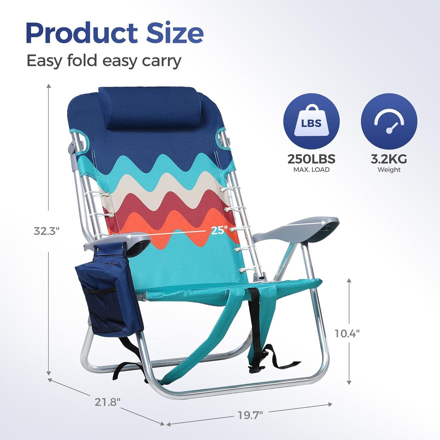 image:imageALPHA CAMP Backpack Beach Chairs Set of 2 with Cooler Bag 4 Position Classic Lay Flat Folding Beach Chair with Backpack Straps Support 250LBS Blue Oxford Fabric Aluminum FrameBlue