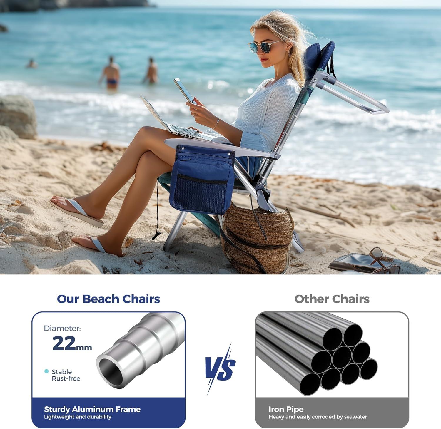 image:imageALPHA CAMP Backpack Beach Chairs Set of 2 with Cooler Bag 4 Position Classic Lay Flat Folding Beach Chair with Backpack Straps Support 250LBS Blue Oxford Fabric Aluminum FrameBlue