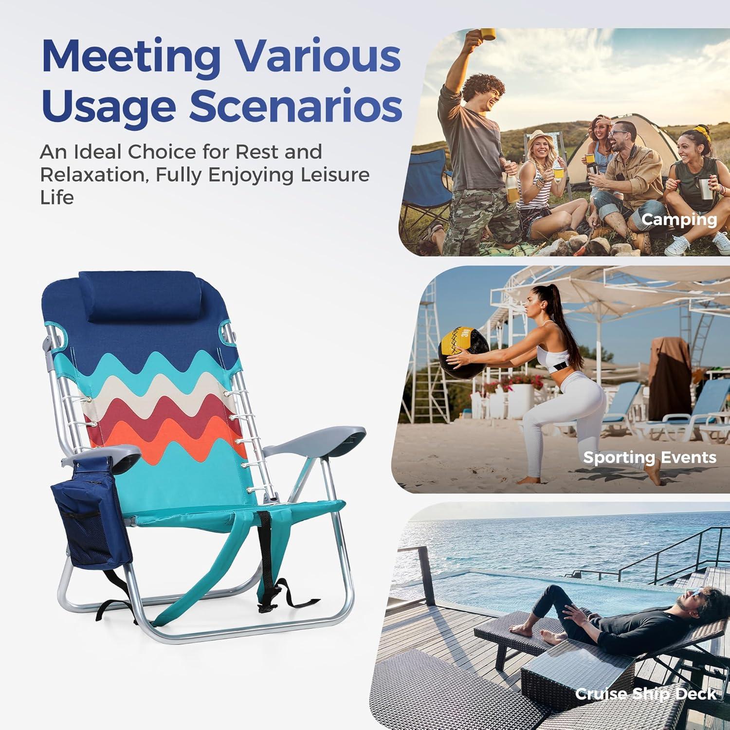 image:imageALPHA CAMP Backpack Beach Chairs Set of 2 with Cooler Bag 4 Position Classic Lay Flat Folding Beach Chair with Backpack Straps Support 250LBS Blue Oxford Fabric Aluminum FrameBlue