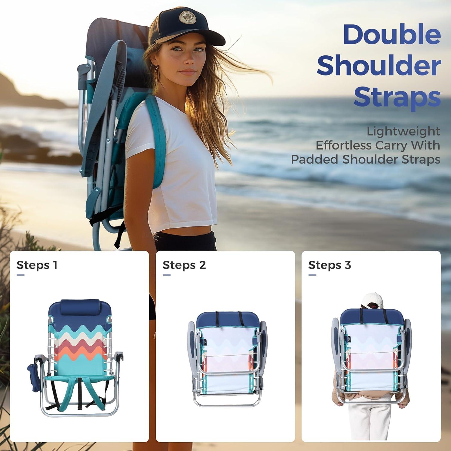 image:imageALPHA CAMP Backpack Beach Chairs Set of 2 with Cooler Bag 4 Position Classic Lay Flat Folding Beach Chair with Backpack Straps Support 250LBS Blue Oxford Fabric Aluminum FrameBlue