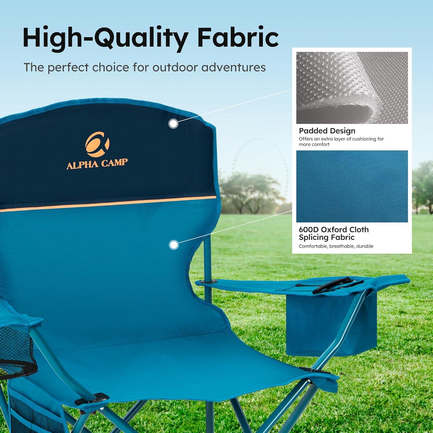 image:imageALPHA CAMP Camping Chairs 350LBS Capacity Heavy Duty Folding Chair with 4Can Cooler Bag Portable Outdoor Chair with Cup Holder for Adults Collapsible for Tailgating Beach FishingBlue