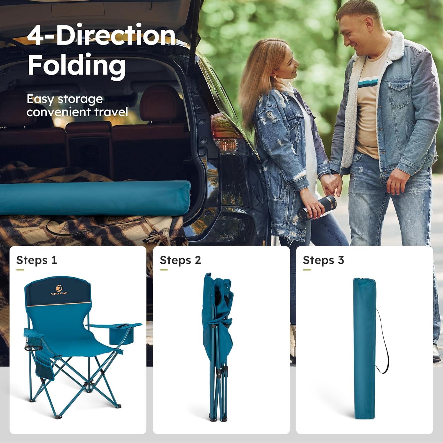 image:imageALPHA CAMP Camping Chairs 350LBS Capacity Heavy Duty Folding Chair with 4Can Cooler Bag Portable Outdoor Chair with Cup Holder for Adults Collapsible for Tailgating Beach FishingBlue