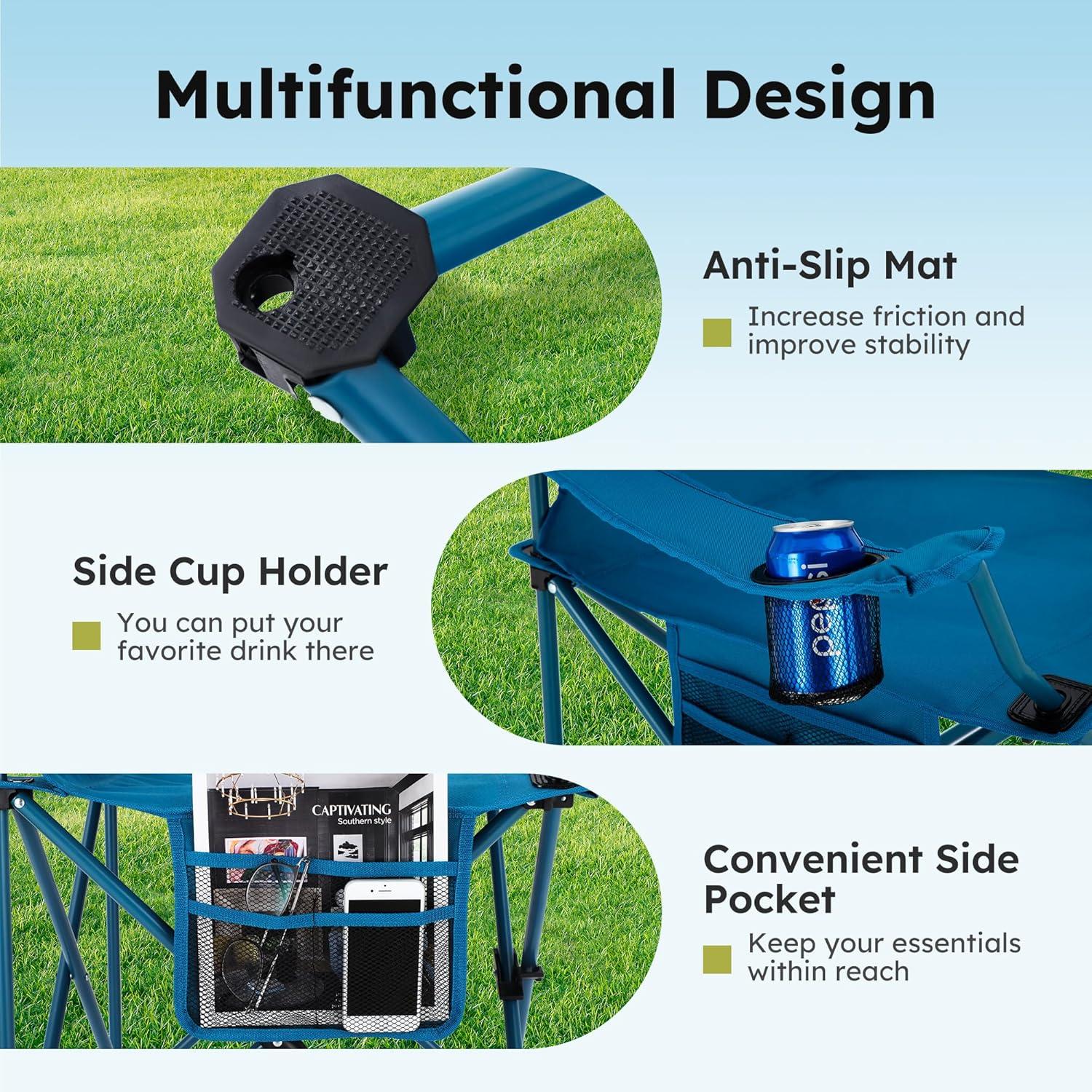 image:imageALPHA CAMP Camping Chairs 350LBS Capacity Heavy Duty Folding Chair with 4Can Cooler Bag Portable Outdoor Chair with Cup Holder for Adults Collapsible for Tailgating Beach FishingBlue