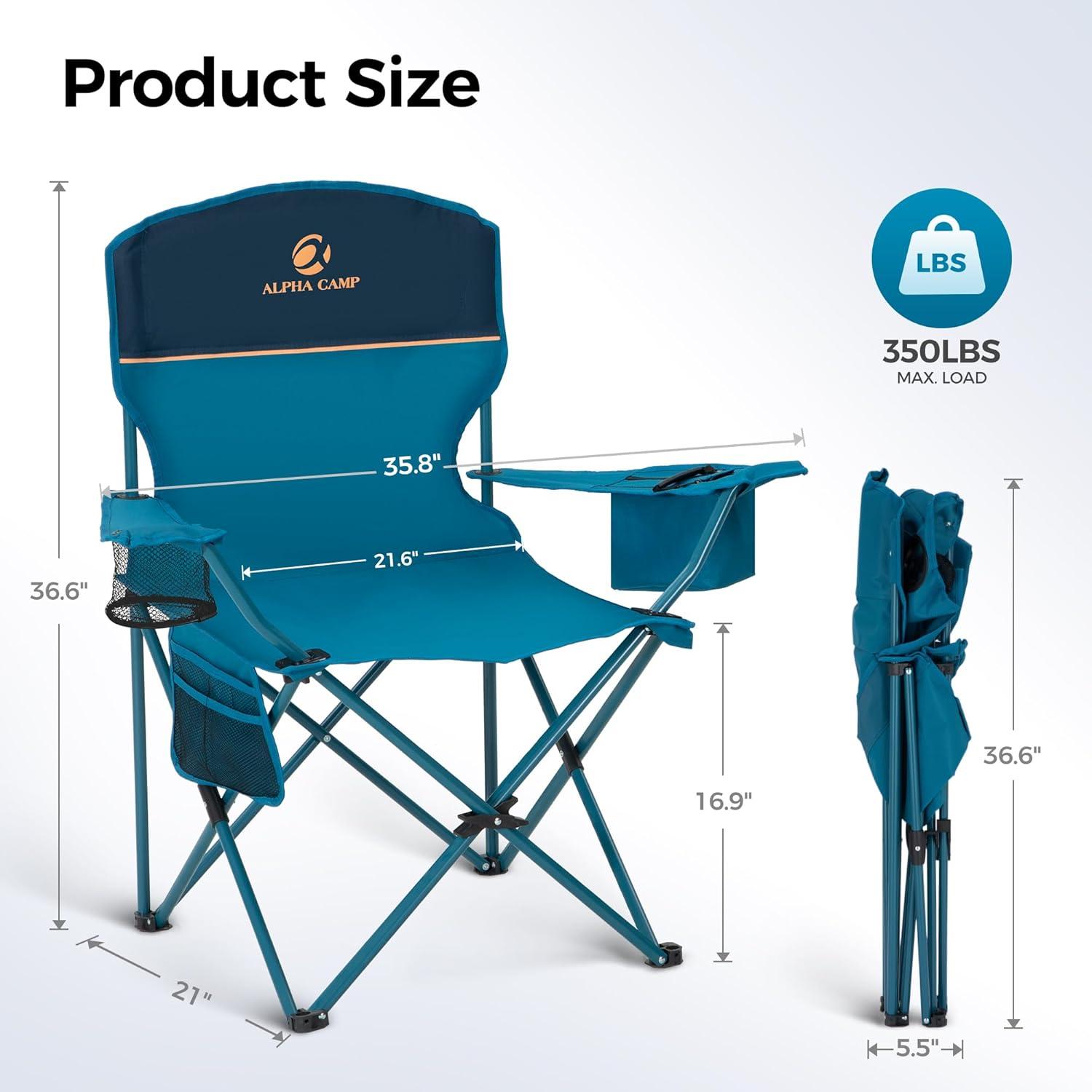 image:imageALPHA CAMP Camping Chairs 350LBS Capacity Heavy Duty Folding Chair with 4Can Cooler Bag Portable Outdoor Chair with Cup Holder for Adults Collapsible for Tailgating Beach FishingBlue