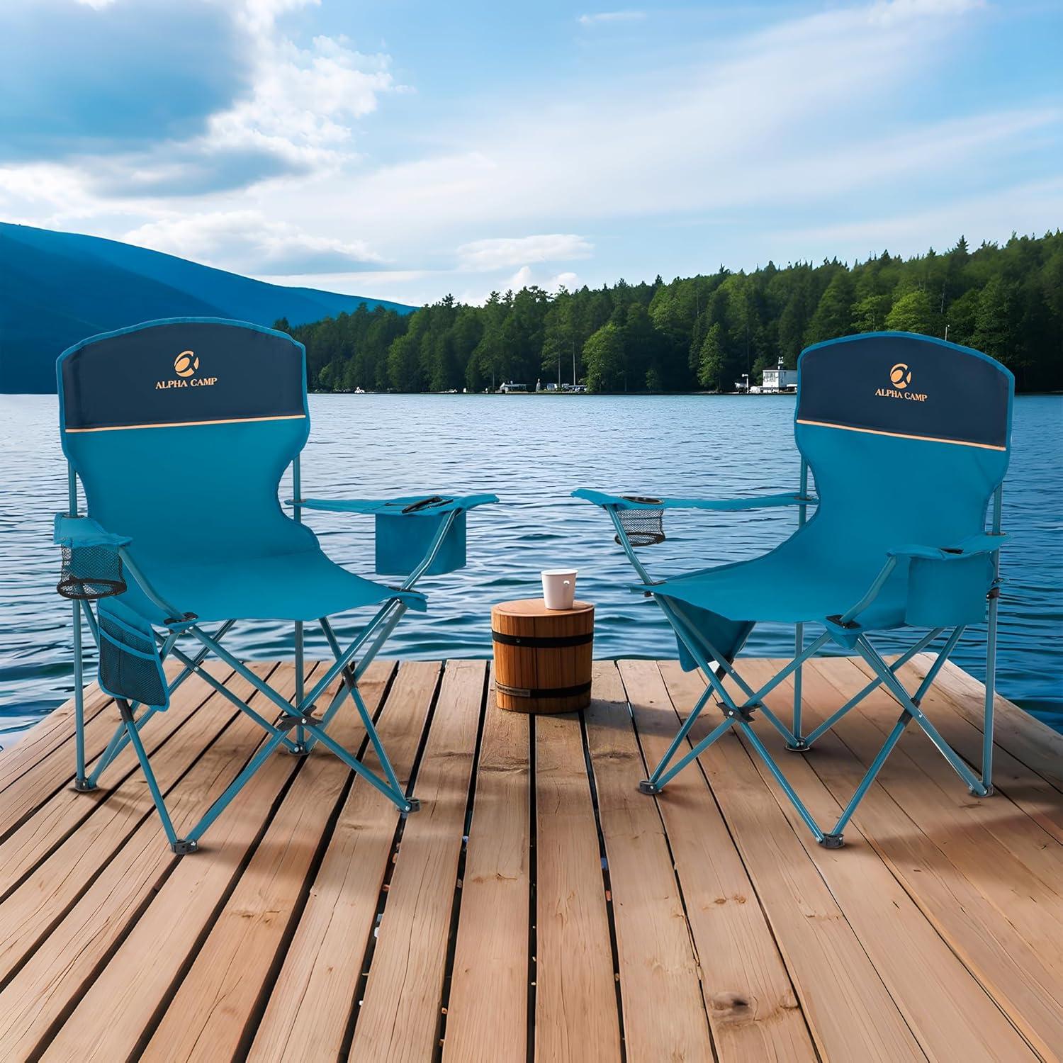 image:imageALPHA CAMP Camping Chairs 350LBS Capacity Heavy Duty Folding Chair with 4Can Cooler Bag Portable Outdoor Chair with Cup Holder for Adults Collapsible for Tailgating Beach FishingBlue
