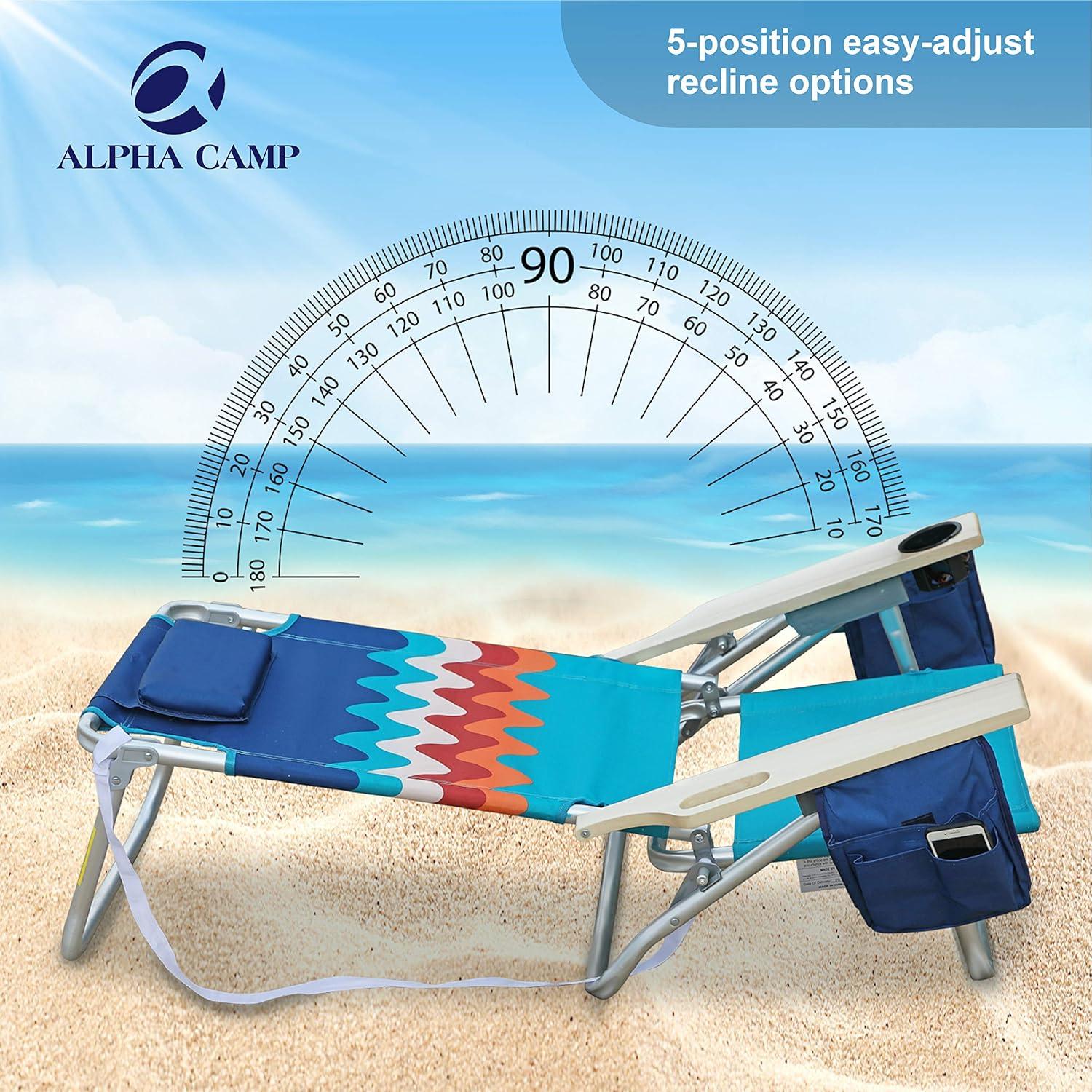 image:imageALPHA CAMP Camping Folding Beach Chair Oversized Heavy Duty Steel Frame Support 250 LBS Collapsible Padded Arm Chair with Cup Holder Quad Lumbar Back Chair Portable for OutdoorIndoorWave