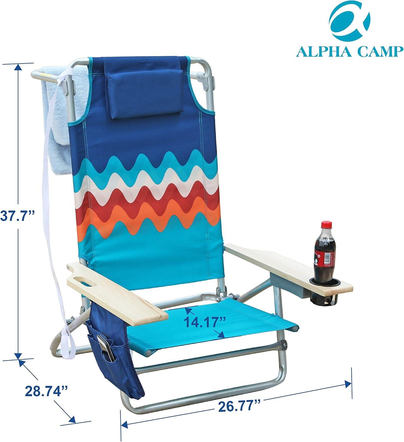 image:imageALPHA CAMP Camping Folding Beach Chair Oversized Heavy Duty Steel Frame Support 250 LBS Collapsible Padded Arm Chair with Cup Holder Quad Lumbar Back Chair Portable for OutdoorIndoorWave