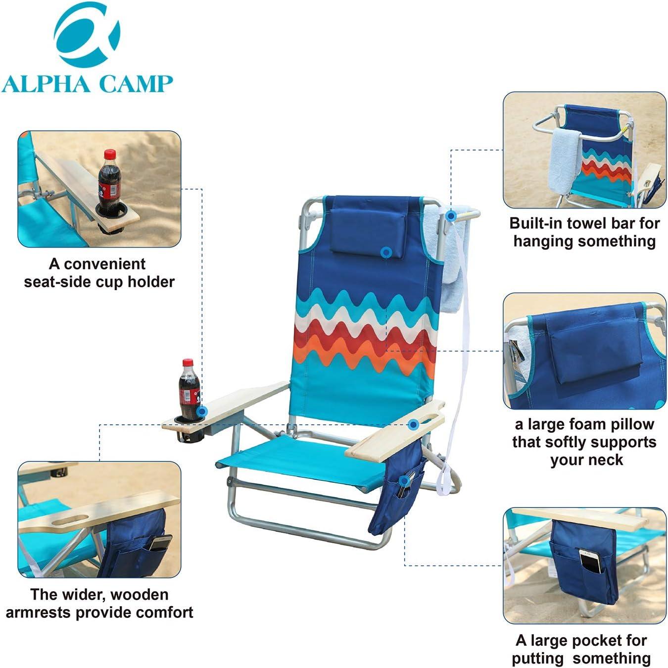 image:imageALPHA CAMP Camping Folding Beach Chair Oversized Heavy Duty Steel Frame Support 250 LBS Collapsible Padded Arm Chair with Cup Holder Quad Lumbar Back Chair Portable for OutdoorIndoorWave