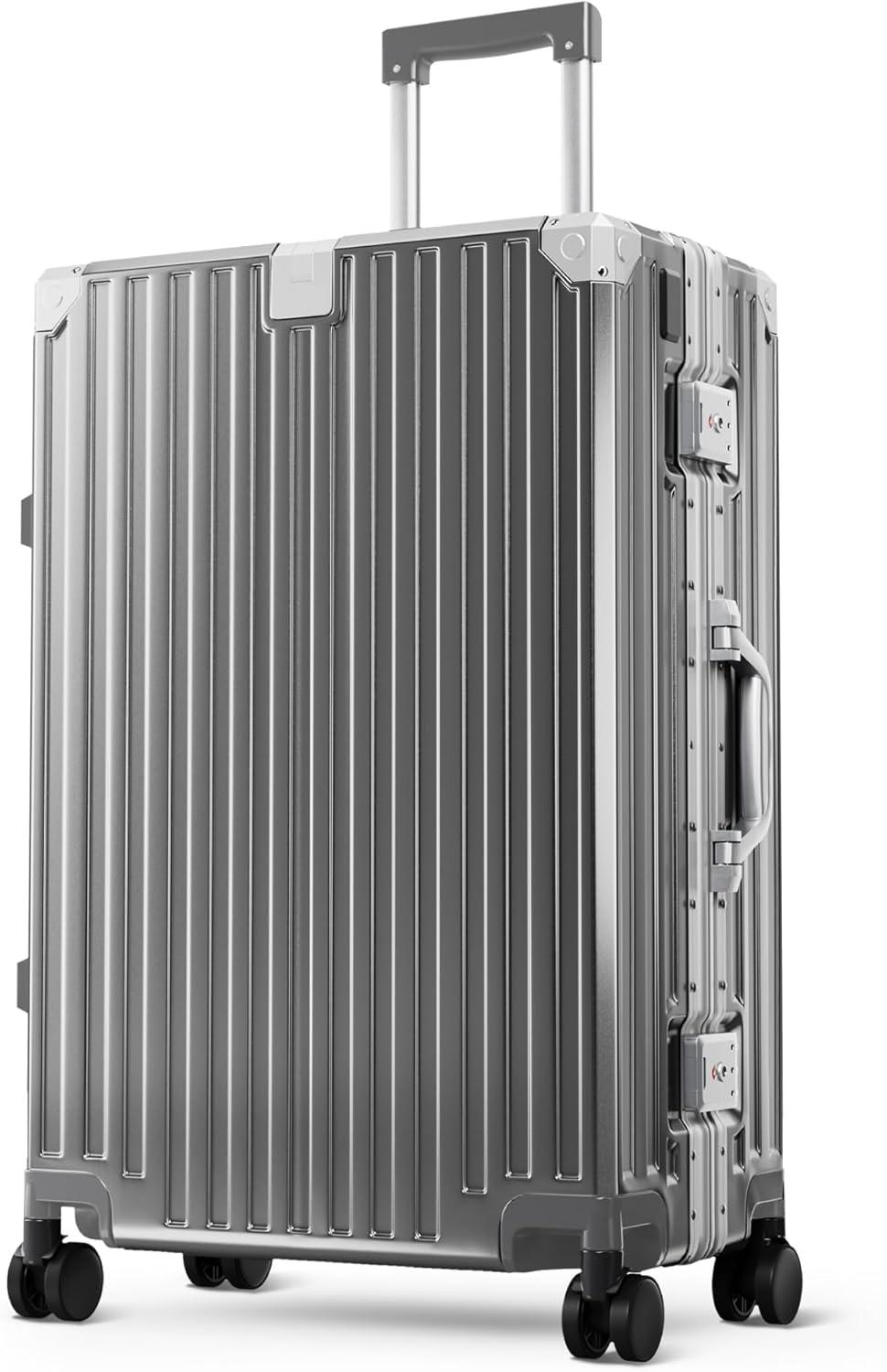 image:imageALPHA CAMP Checked 28 Inch Luggage Thickened Aluminum Frame Luggage with TSA Spinner Wheels 3Layer PC Hard Shell Zipperless Travel Suitcase TypeC USB Charging Port Cup Holder GreyGrey