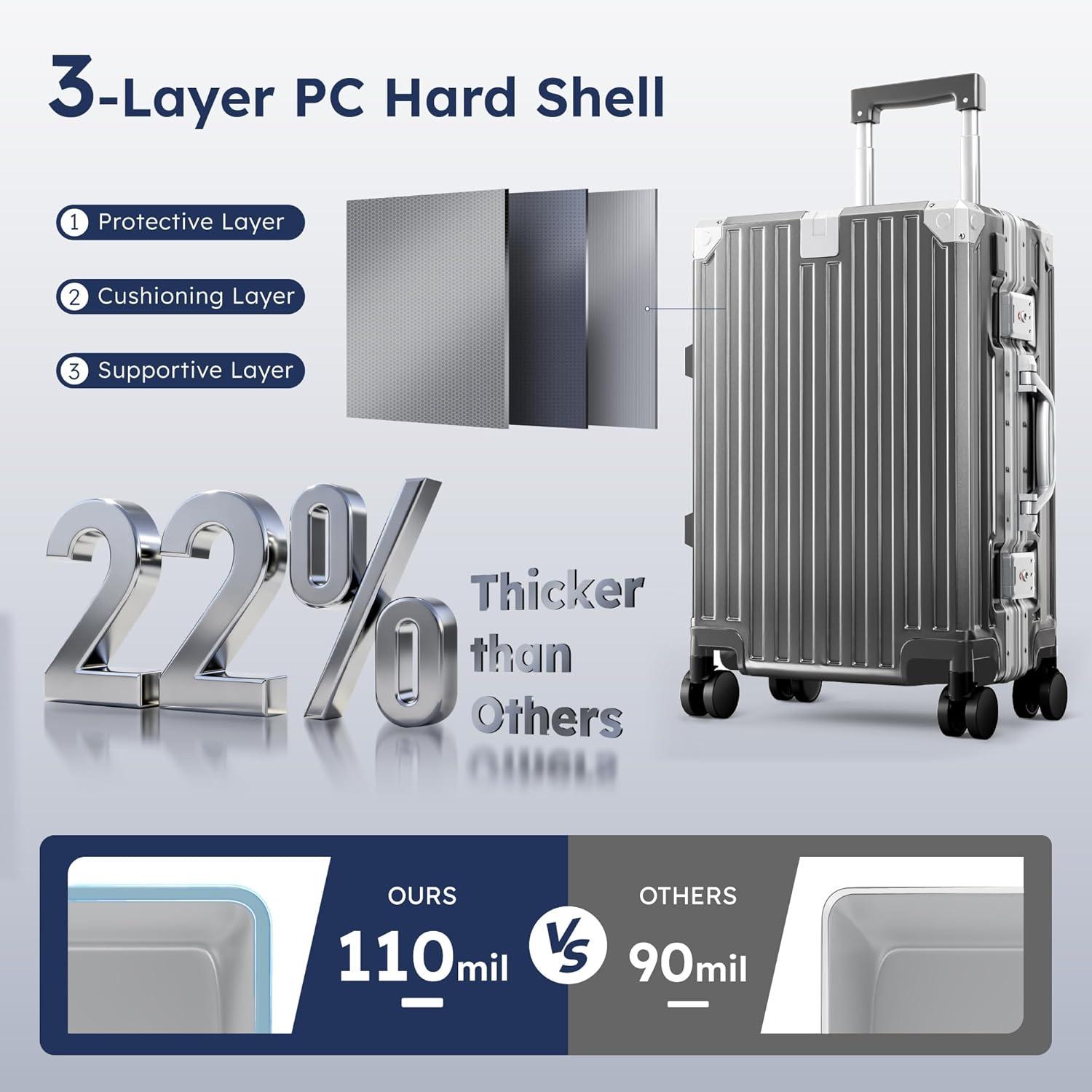 image:imageALPHA CAMP Checked 28 Inch Luggage Thickened Aluminum Frame Luggage with TSA Spinner Wheels 3Layer PC Hard Shell Zipperless Travel Suitcase TypeC USB Charging Port Cup Holder GreyGrey