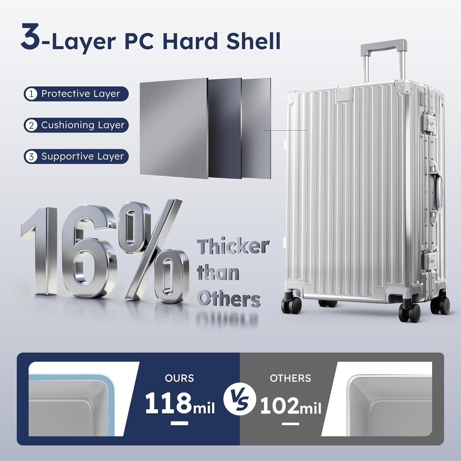 image:imageALPHA CAMP Checked 28 Inch Luggage Thickened Aluminum Frame Luggage with TSA Spinner Wheels 3Layer PC Hard Shell Zipperless Travel Suitcase TypeC USB Charging Port Cup Holder GreySilver