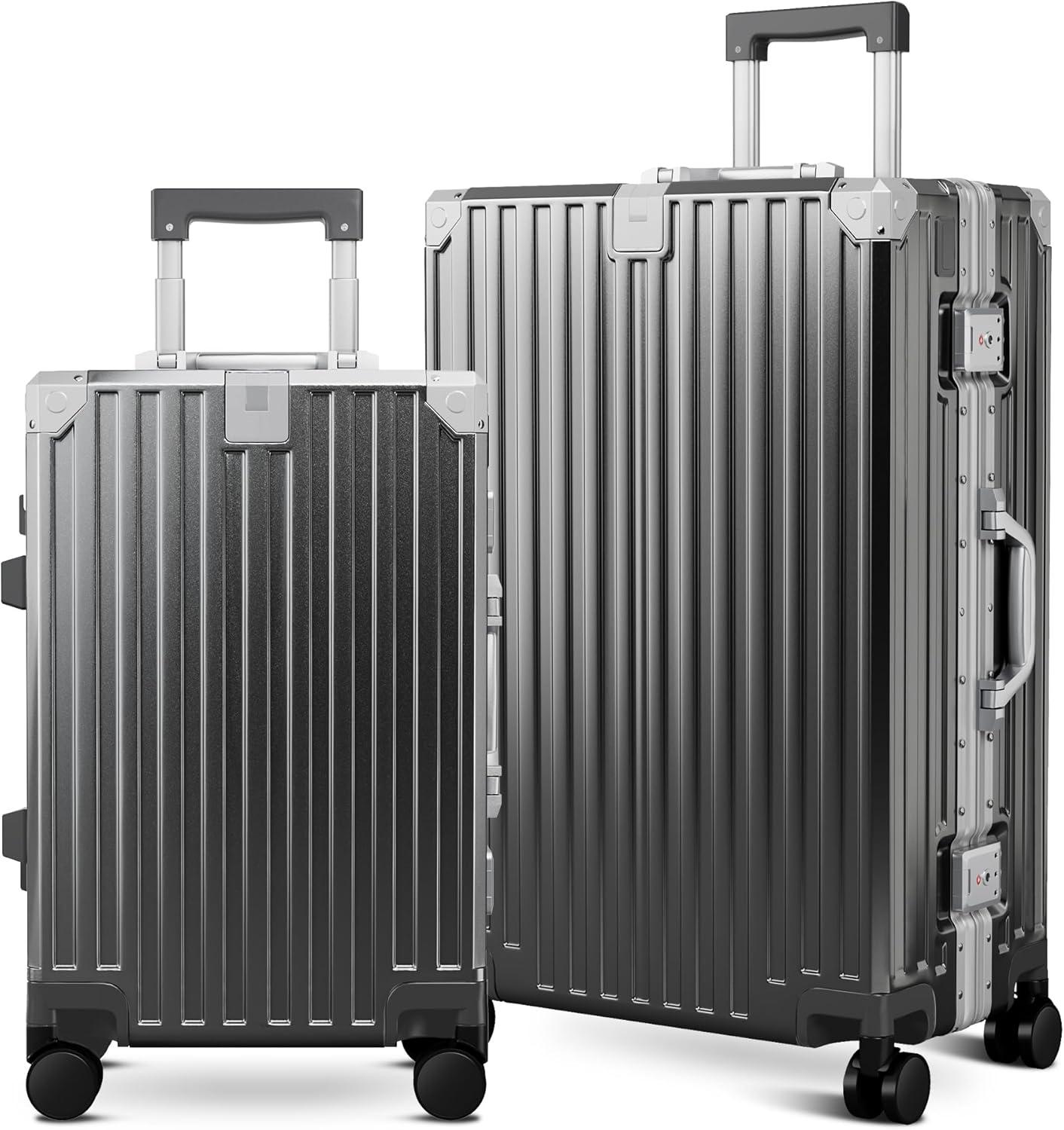 image:imageALPHA CAMP Checked 28 Inch Luggage Thickened Aluminum Frame Luggage with TSA Spinner Wheels 3Layer PC Hard Shell Zipperless Travel Suitcase TypeC USB Charging Port Cup Holder GreyGrey