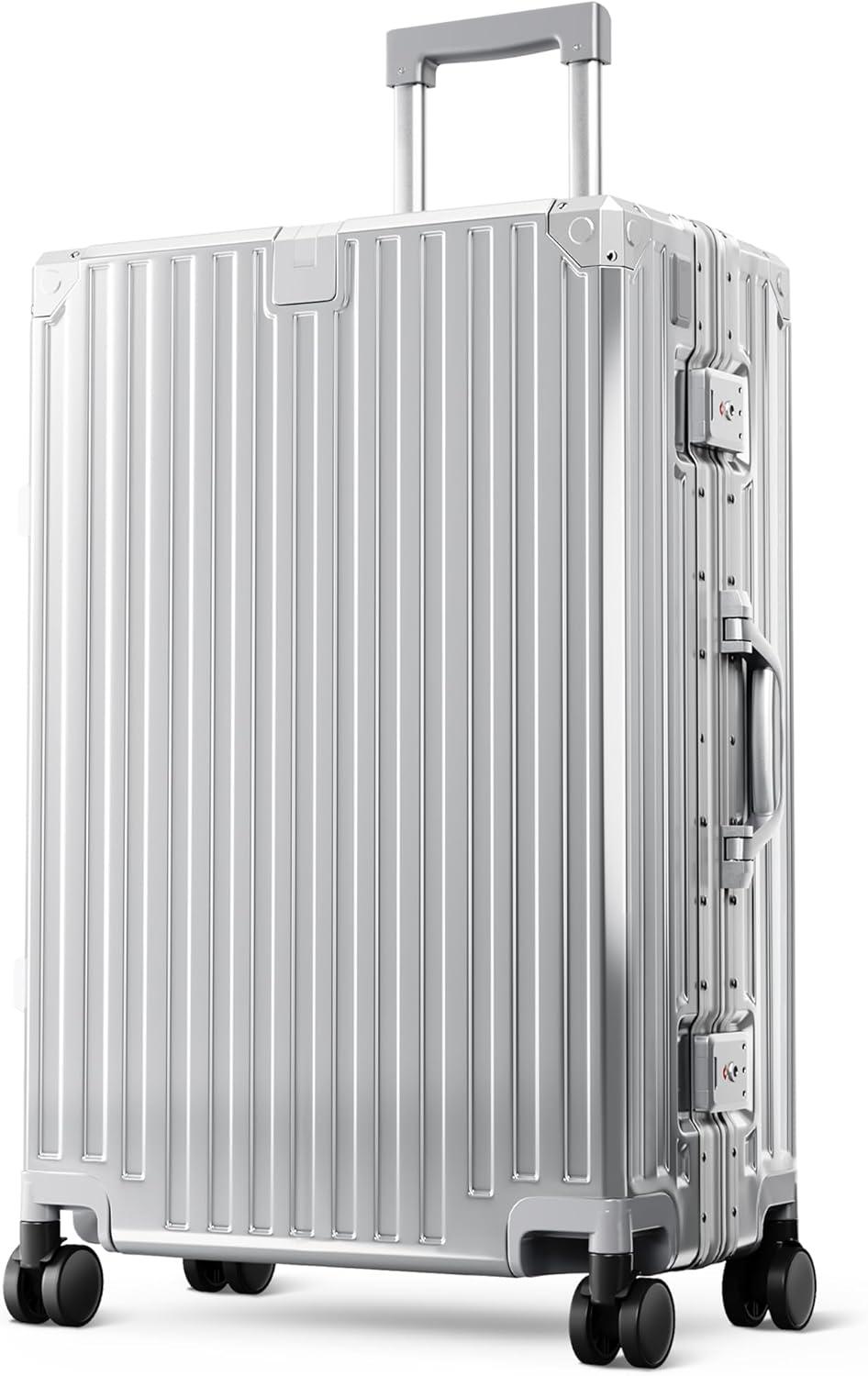image:imageALPHA CAMP Checked 28 Inch Luggage Thickened Aluminum Frame Luggage with TSA Spinner Wheels 3Layer PC Hard Shell Zipperless Travel Suitcase TypeC USB Charging Port Cup Holder GreySilver