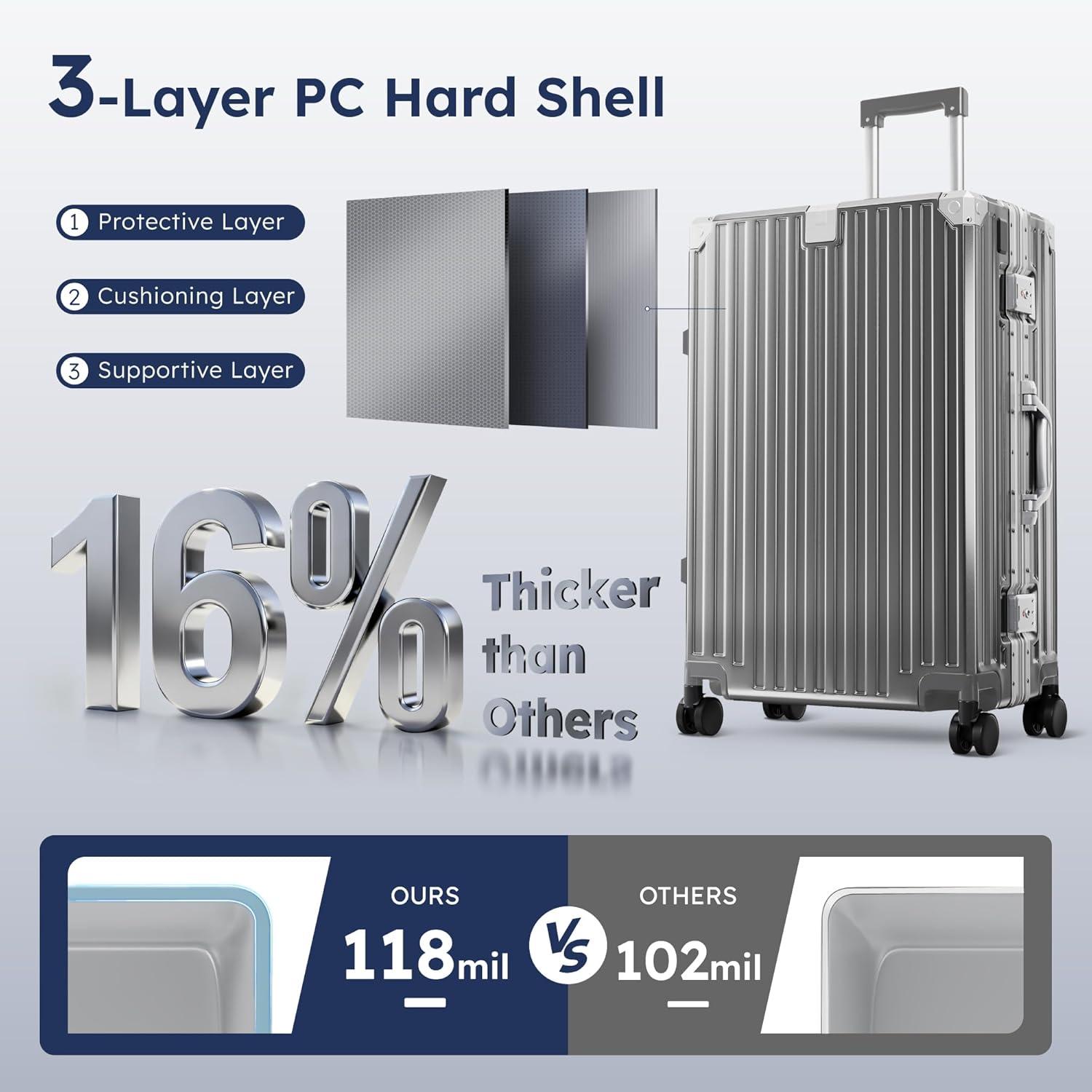 image:imageALPHA CAMP Checked 28 Inch Luggage Thickened Aluminum Frame Luggage with TSA Spinner Wheels 3Layer PC Hard Shell Zipperless Travel Suitcase TypeC USB Charging Port Cup Holder GreyGrey