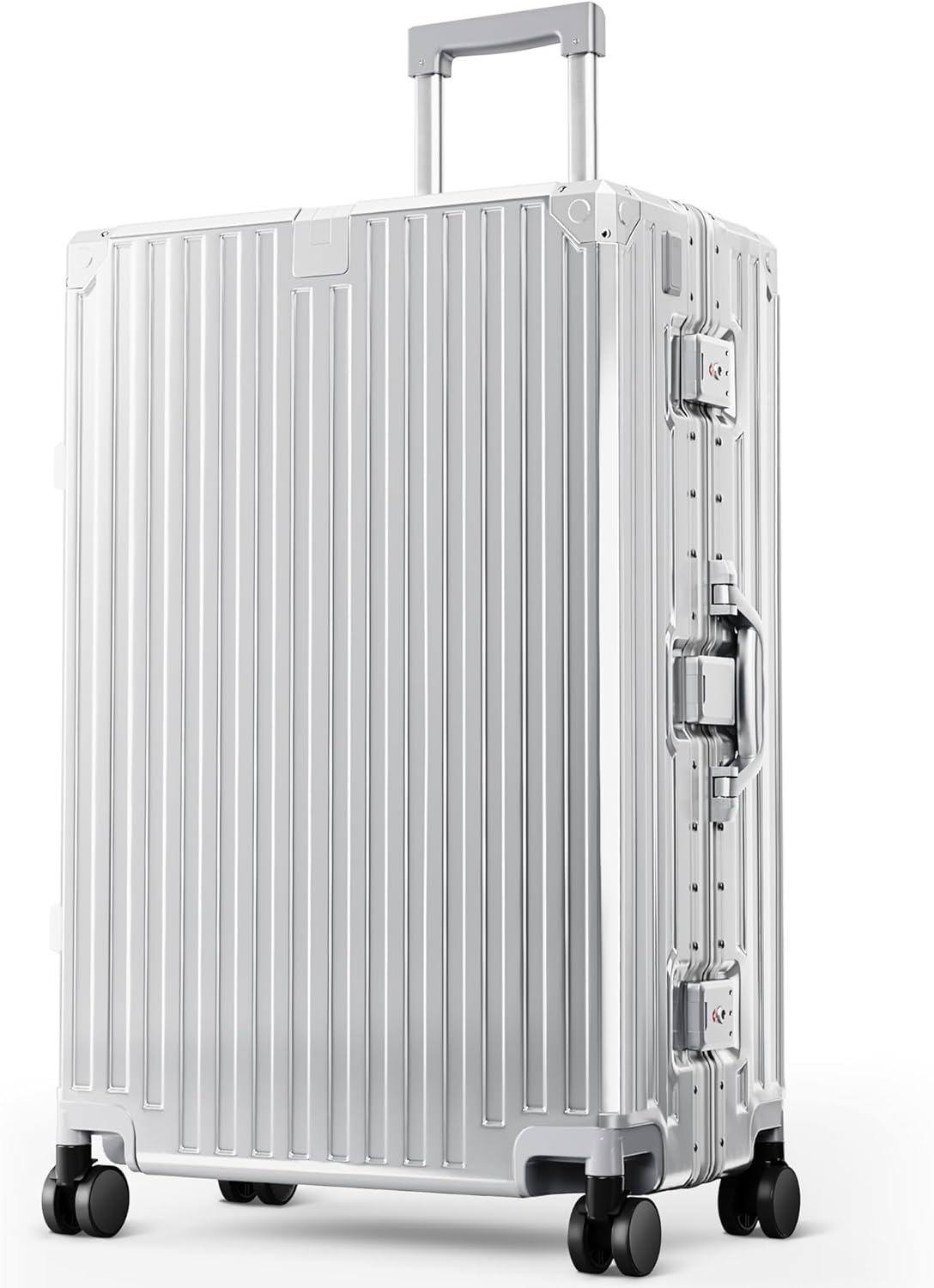 image:imageALPHA CAMP Checked 28 Inch Luggage Thickened Aluminum Frame Luggage with TSA Spinner Wheels 3Layer PC Hard Shell Zipperless Travel Suitcase TypeC USB Charging Port Cup Holder GreySilver