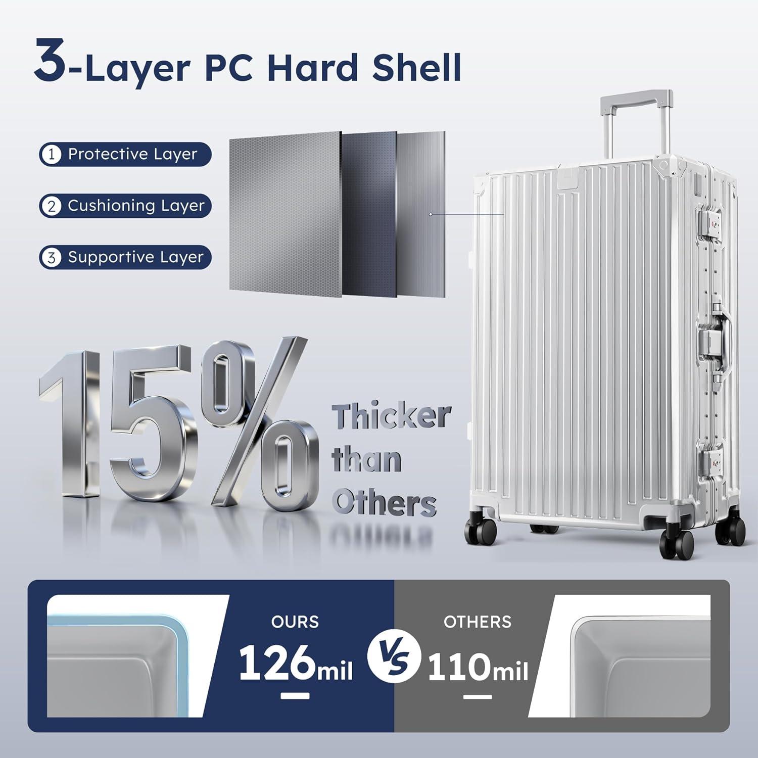 image:imageALPHA CAMP Checked 28 Inch Luggage Thickened Aluminum Frame Luggage with TSA Spinner Wheels 3Layer PC Hard Shell Zipperless Travel Suitcase TypeC USB Charging Port Cup Holder GreySilver