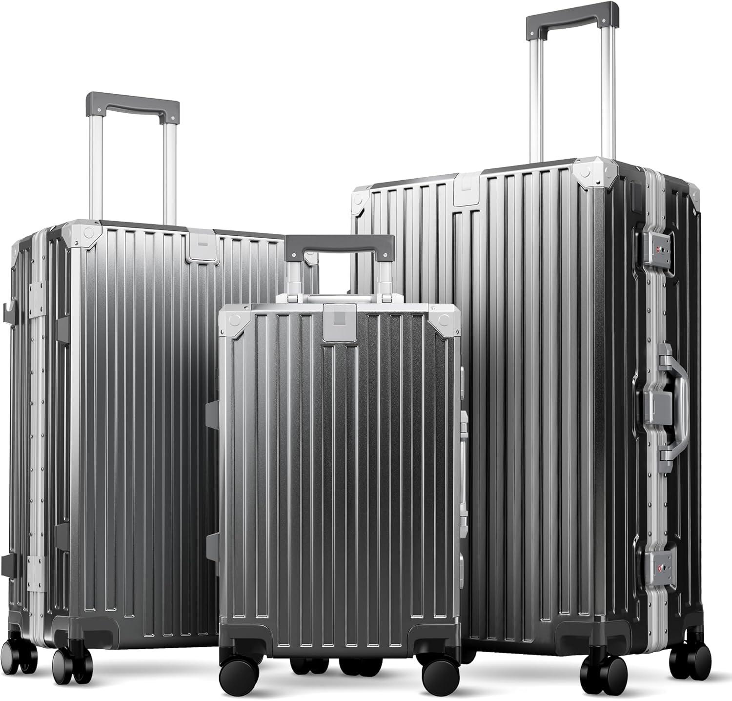 image:imageALPHA CAMP Checked 28 Inch Luggage Thickened Aluminum Frame Luggage with TSA Spinner Wheels 3Layer PC Hard Shell Zipperless Travel Suitcase TypeC USB Charging Port Cup Holder GreyGrey