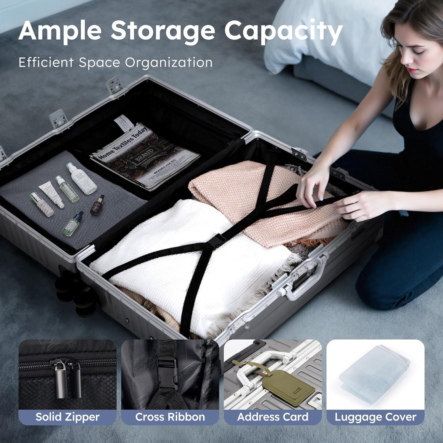 image:imageALPHA CAMP Checked 28 Inch Luggage Thickened Aluminum Frame Luggage with TSA Spinner Wheels 3Layer PC Hard Shell Zipperless Travel Suitcase TypeC USB Charging Port Cup Holder GreyGrey