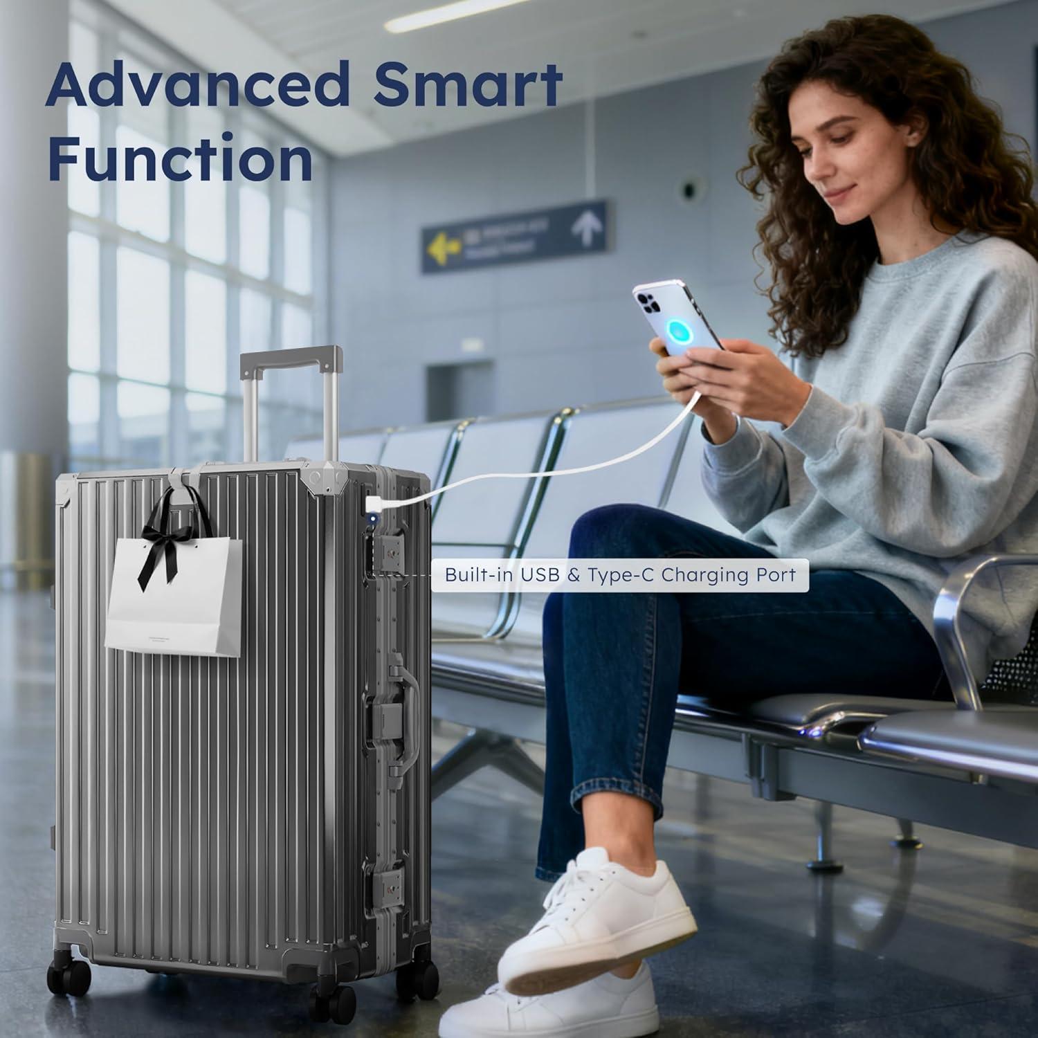 image:imageALPHA CAMP Checked 28 Inch Luggage Thickened Aluminum Frame Luggage with TSA Spinner Wheels 3Layer PC Hard Shell Zipperless Travel Suitcase TypeC USB Charging Port Cup Holder GreyGrey