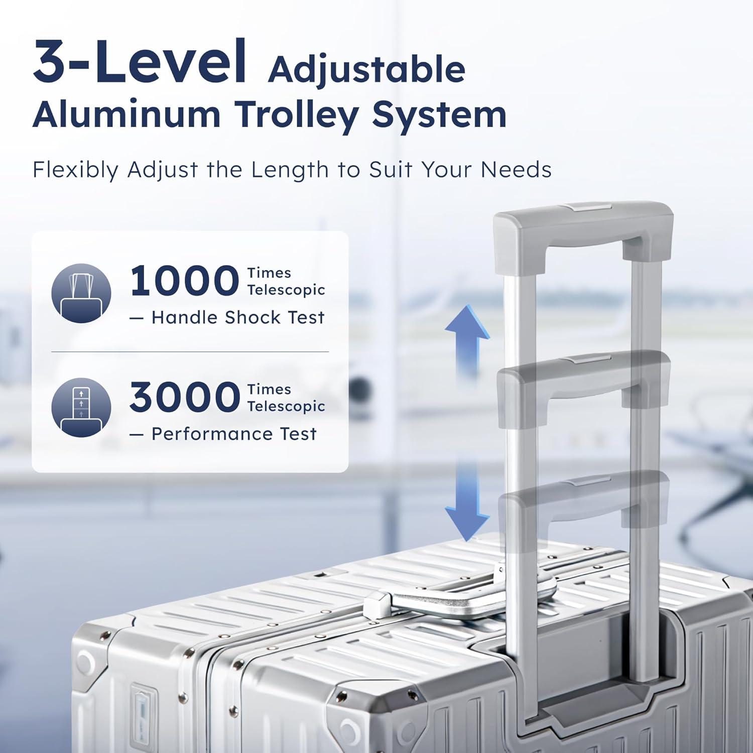 image:imageALPHA CAMP Checked 28 Inch Luggage Thickened Aluminum Frame Luggage with TSA Spinner Wheels 3Layer PC Hard Shell Zipperless Travel Suitcase TypeC USB Charging Port Cup Holder GreySilver
