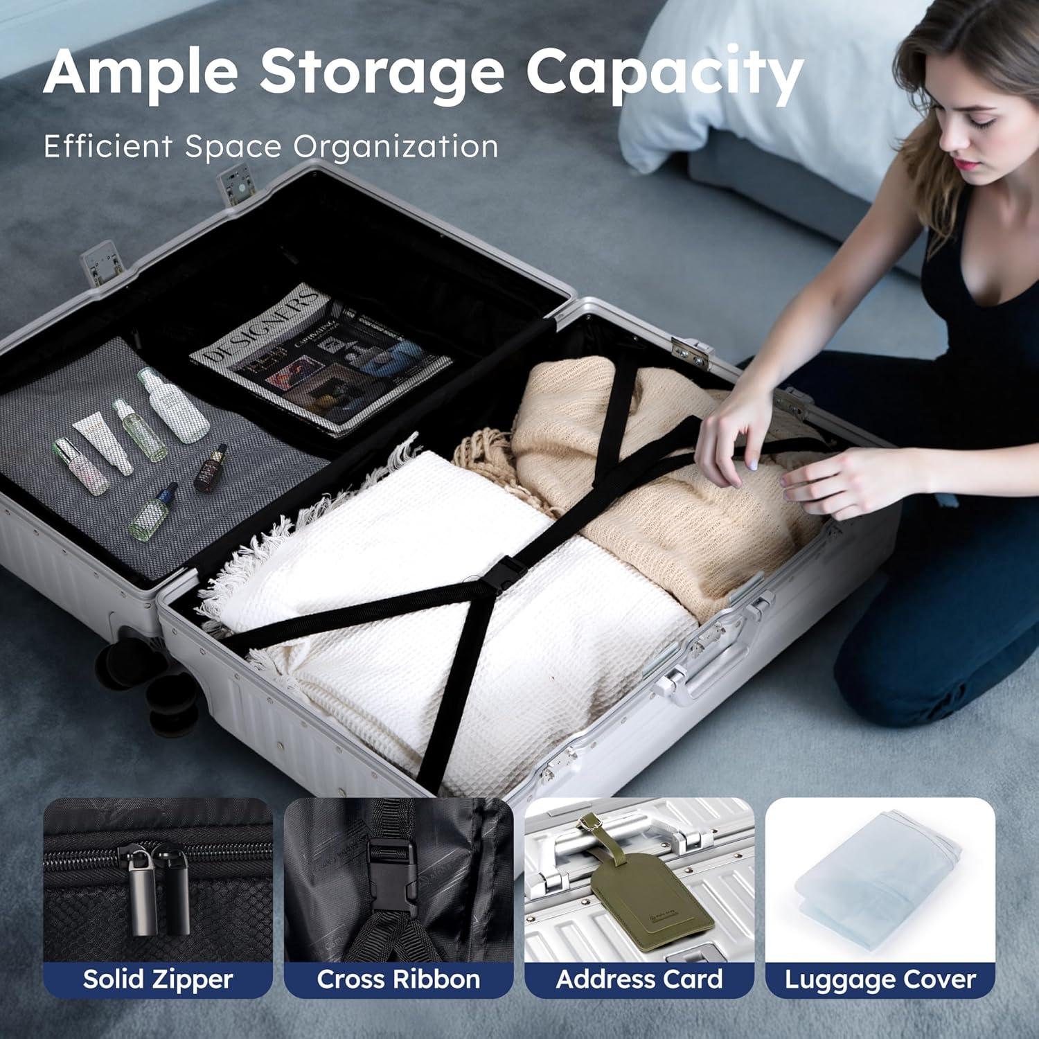 image:imageALPHA CAMP Checked 28 Inch Luggage Thickened Aluminum Frame Luggage with TSA Spinner Wheels 3Layer PC Hard Shell Zipperless Travel Suitcase TypeC USB Charging Port Cup Holder GreySilver