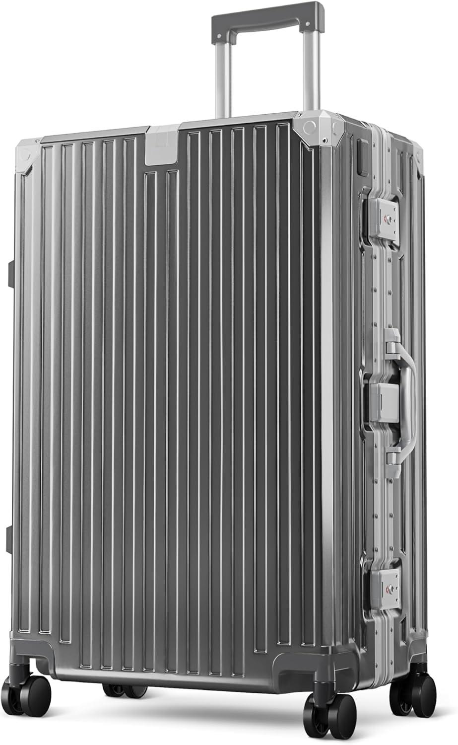 image:imageALPHA CAMP Checked 28 Inch Luggage Thickened Aluminum Frame Luggage with TSA Spinner Wheels 3Layer PC Hard Shell Zipperless Travel Suitcase TypeC USB Charging Port Cup Holder GreyGrey