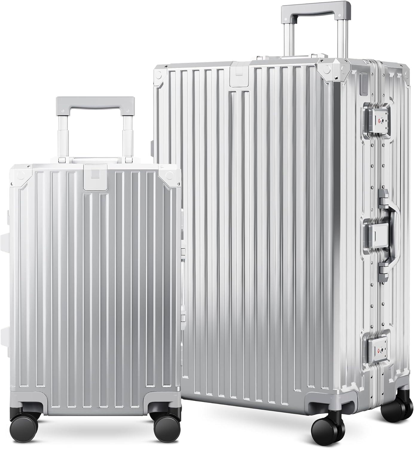 image:imageALPHA CAMP Checked 28 Inch Luggage Thickened Aluminum Frame Luggage with TSA Spinner Wheels 3Layer PC Hard Shell Zipperless Travel Suitcase TypeC USB Charging Port Cup Holder GreySilver