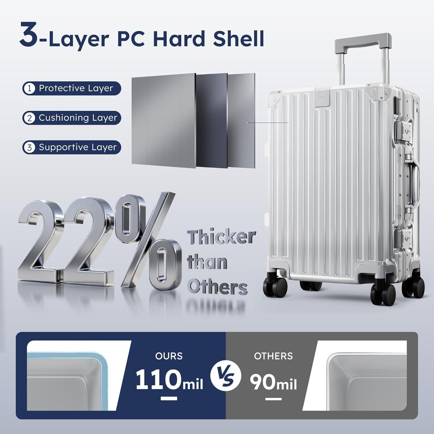 image:imageALPHA CAMP Checked 28 Inch Luggage Thickened Aluminum Frame Luggage with TSA Spinner Wheels 3Layer PC Hard Shell Zipperless Travel Suitcase TypeC USB Charging Port Cup Holder GreySilver