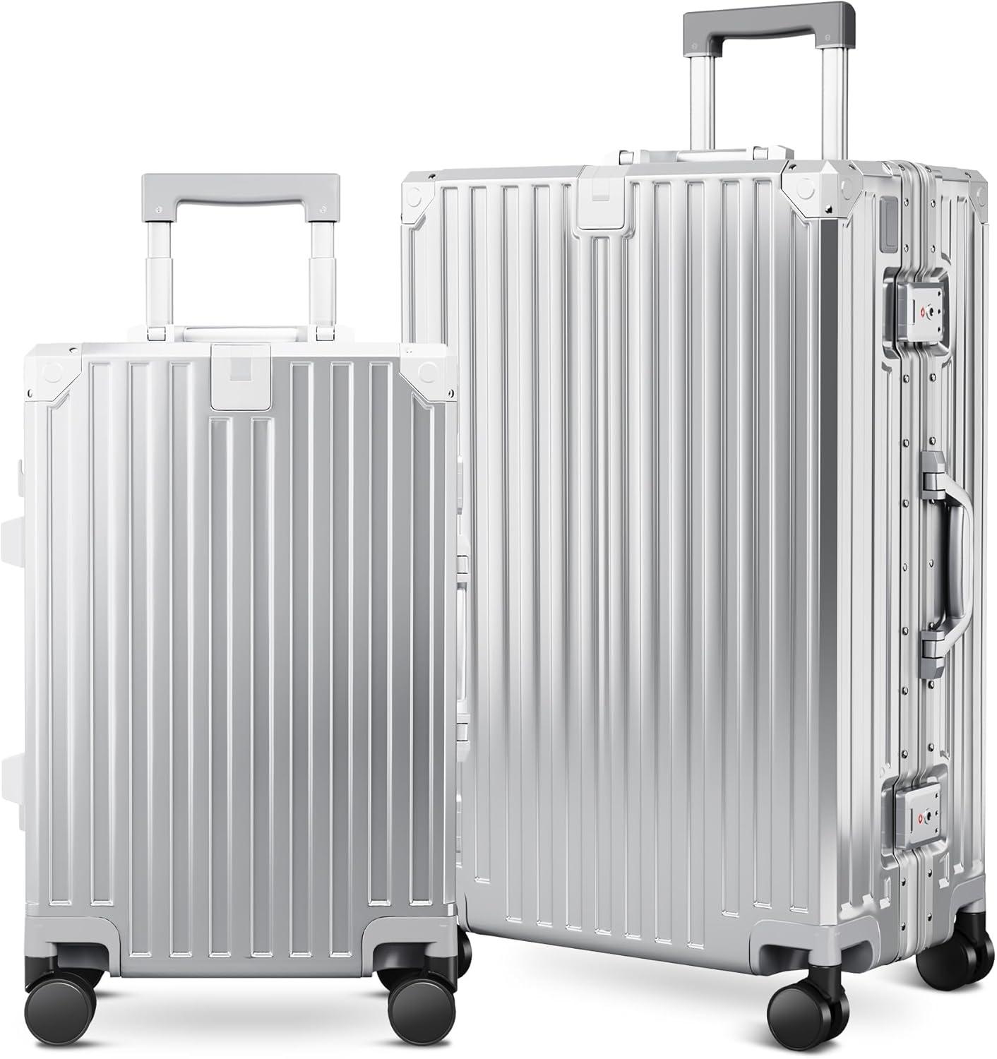 image:imageALPHA CAMP Checked 28 Inch Luggage Thickened Aluminum Frame Luggage with TSA Spinner Wheels 3Layer PC Hard Shell Zipperless Travel Suitcase TypeC USB Charging Port Cup Holder GreySilver