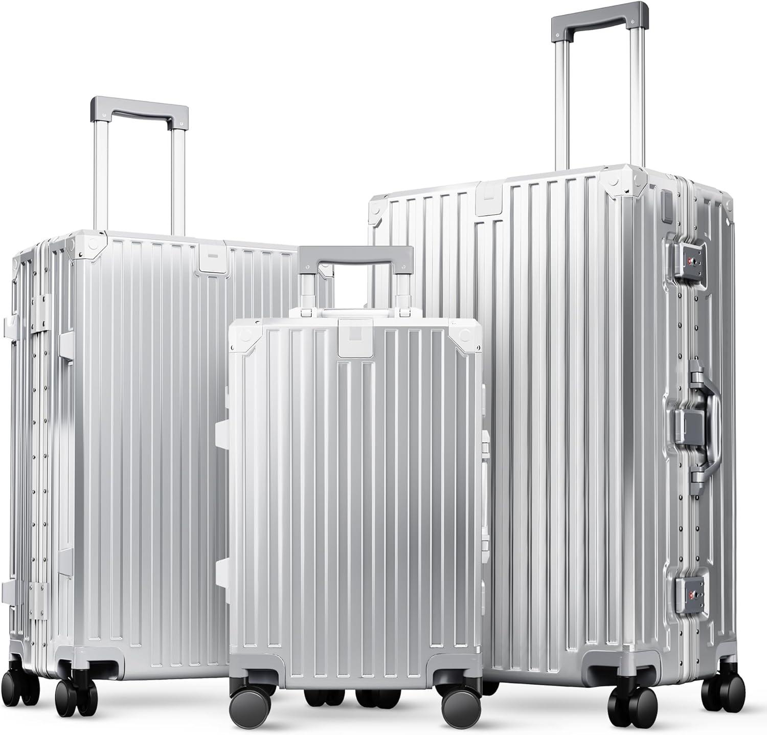 image:imageALPHA CAMP Checked 28 Inch Luggage Thickened Aluminum Frame Luggage with TSA Spinner Wheels 3Layer PC Hard Shell Zipperless Travel Suitcase TypeC USB Charging Port Cup Holder GreySilver