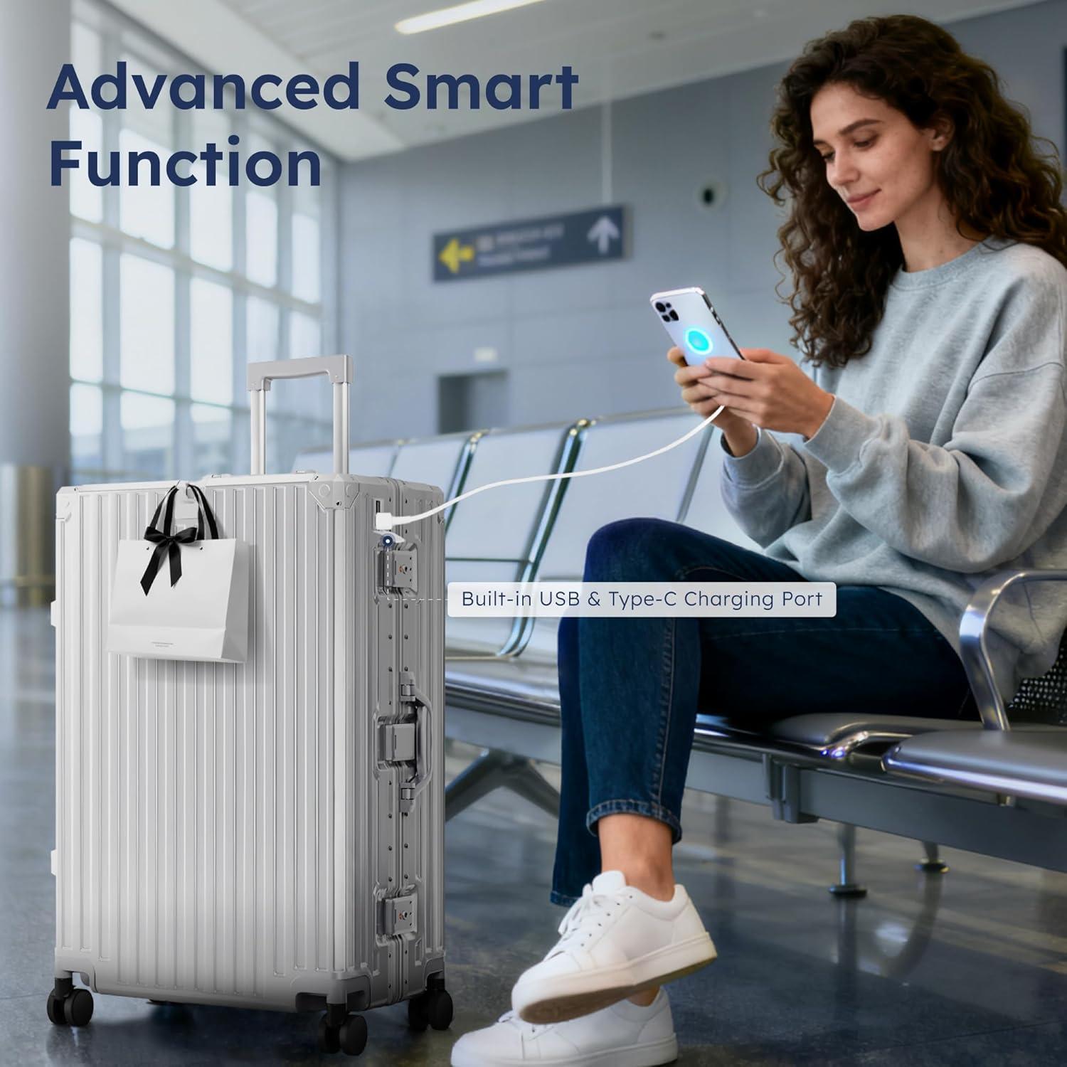 image:imageALPHA CAMP Checked 28 Inch Luggage Thickened Aluminum Frame Luggage with TSA Spinner Wheels 3Layer PC Hard Shell Zipperless Travel Suitcase TypeC USB Charging Port Cup Holder GreySilver