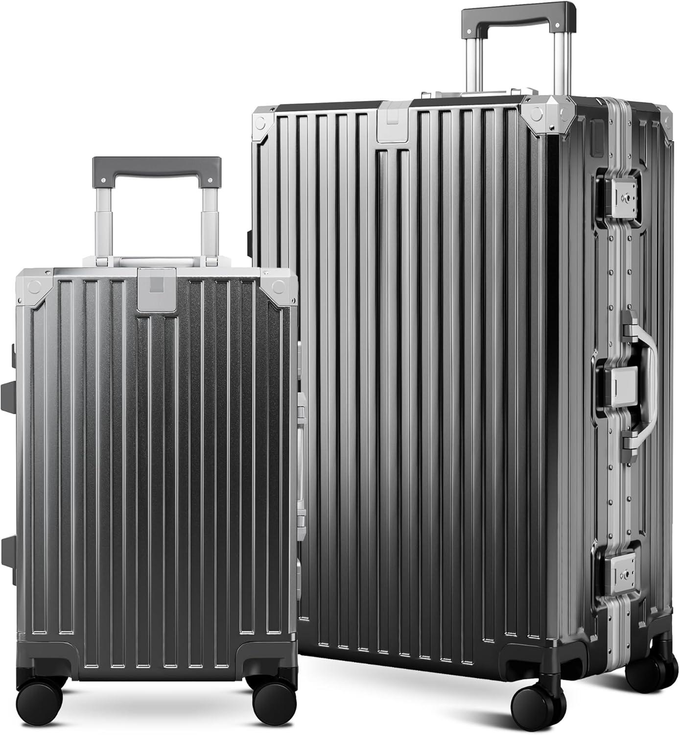image:imageALPHA CAMP Checked 28 Inch Luggage Thickened Aluminum Frame Luggage with TSA Spinner Wheels 3Layer PC Hard Shell Zipperless Travel Suitcase TypeC USB Charging Port Cup Holder GreyGrey