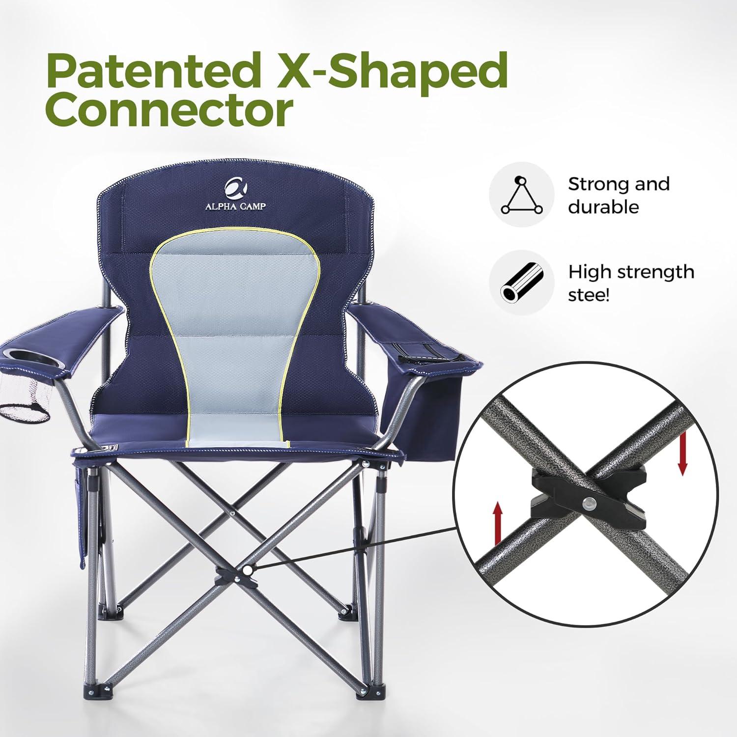 image:imageALPHA CAMP Heavy Duty Camping Chair 500LBS Capacity Oversized Folding Chair for Heavy People Padded Portable Outdoor Chair with Cooler Bag amp Cup Holder for Camping Fishing BeachBlue